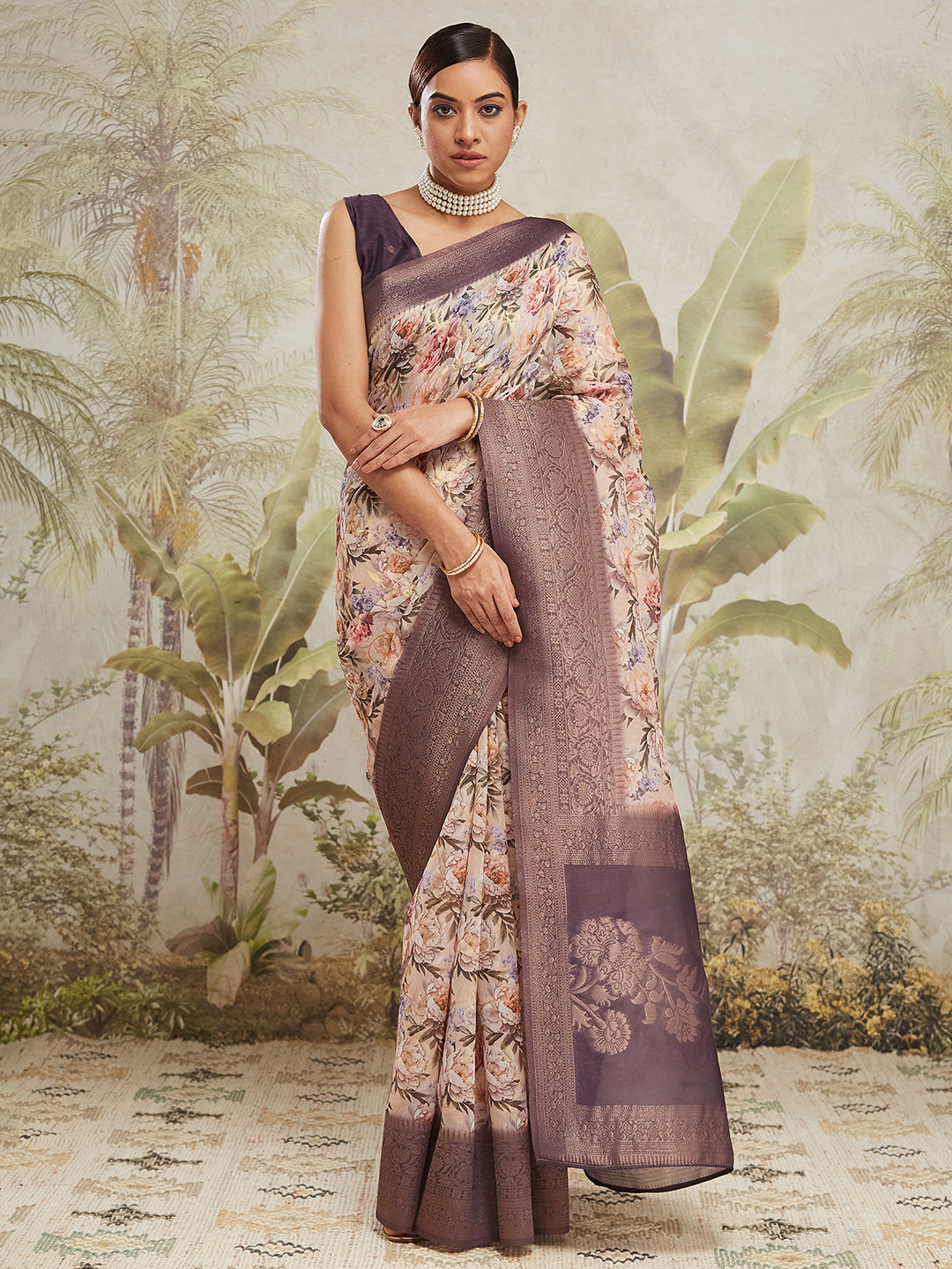 Cream Jacquard Silk Designer Pre-Stitched Saree For Trendy Fashion Looks