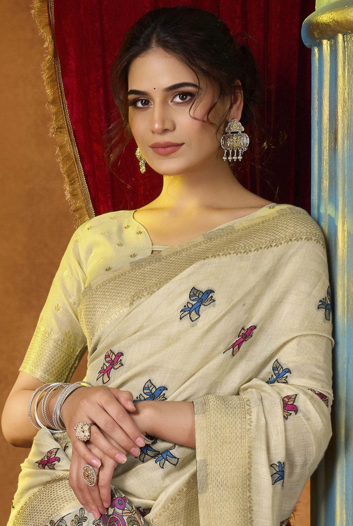 Cream Katha Modal Saree with Mina Woven Work & Pom Pom Style