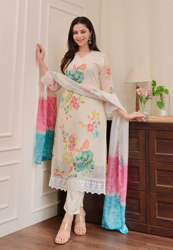 Cream Kurta Pant Set With Print With Thread Embroidery Work