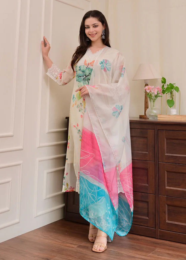 Cream Kurta Pant Set With Print With Thread Embroidery Work