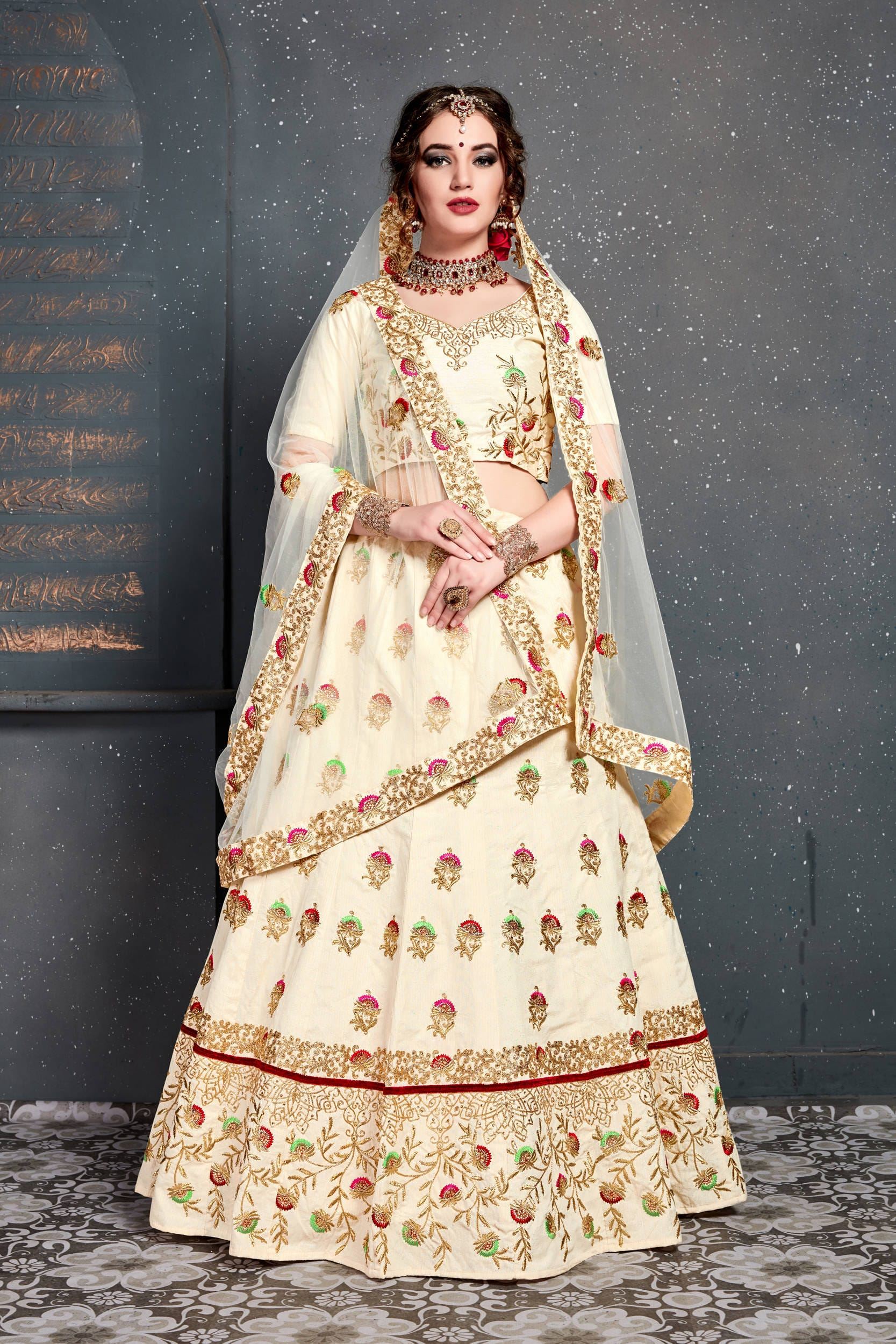 Cream Lehenga Choli With Thread, Dori, Zari Embroidery With Diamond Work