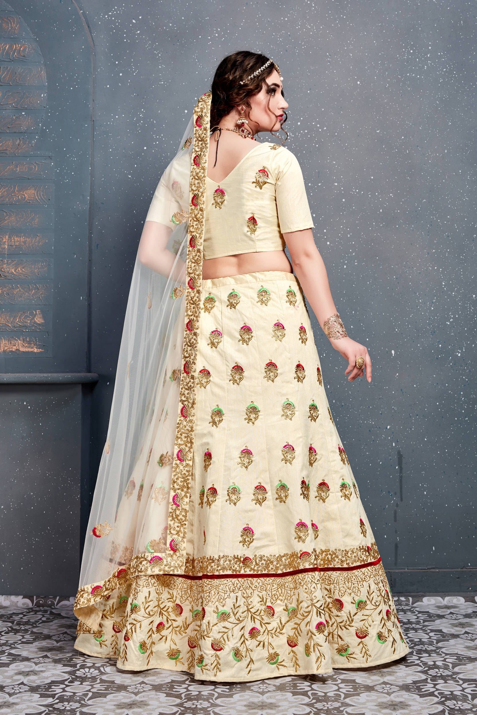 Cream Lehenga Choli With Thread, Dori, Zari Embroidery With Diamond Work