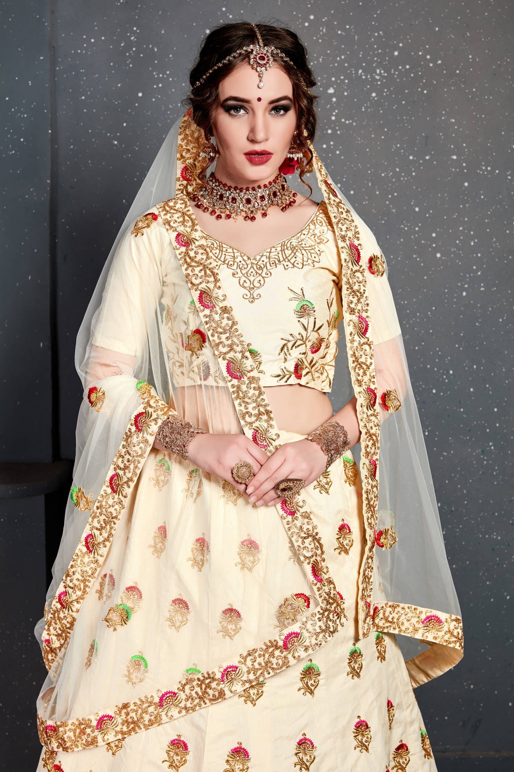 Cream Lehenga Choli With Thread, Dori, Zari Embroidery With Diamond Work