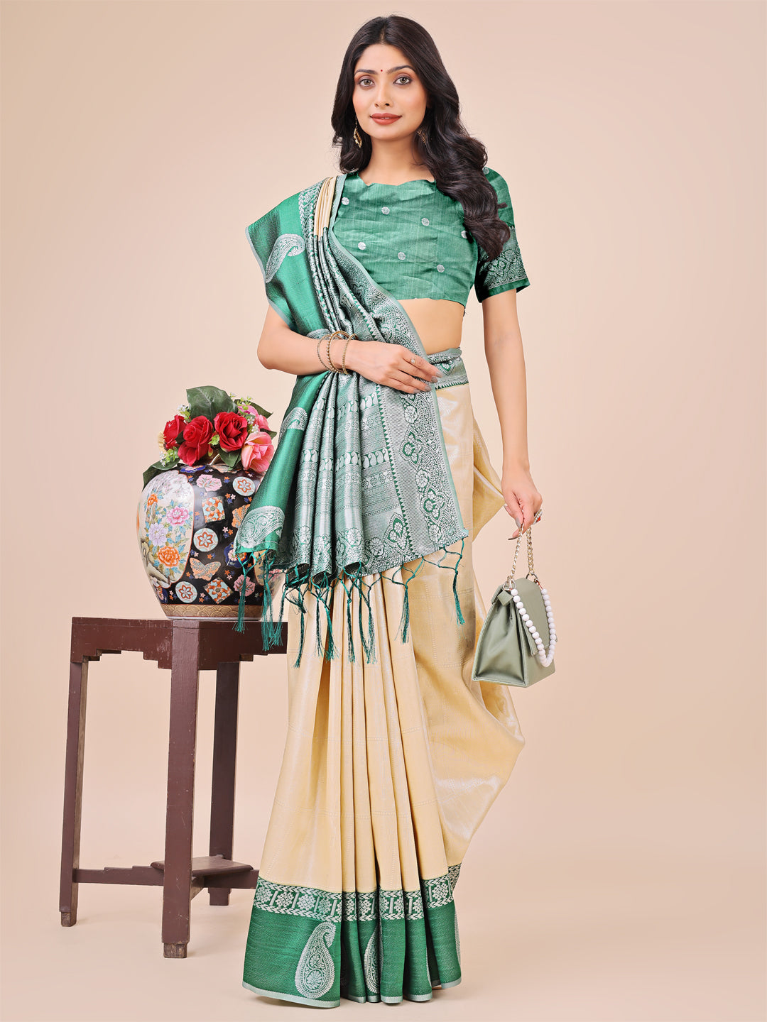 Cream Lichi Silk Woven Designer Festive Graceful Saree