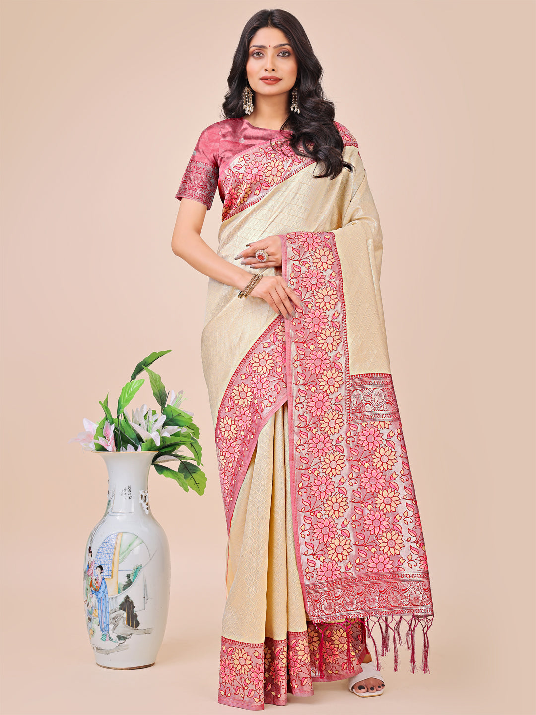 Cream Lichi Silk Woven Designer Partywear Saree