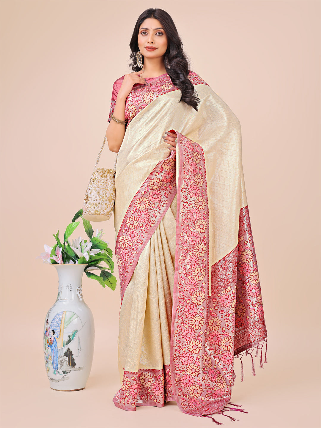 Cream Lichi Silk Woven Designer Partywear Saree