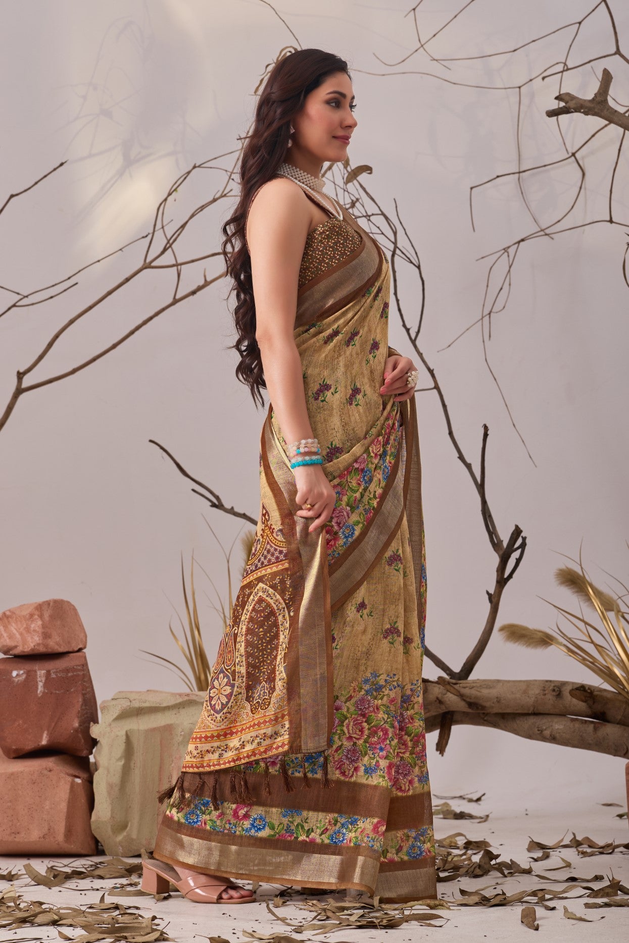 Cream Linen Cotton Saree with Digital Print