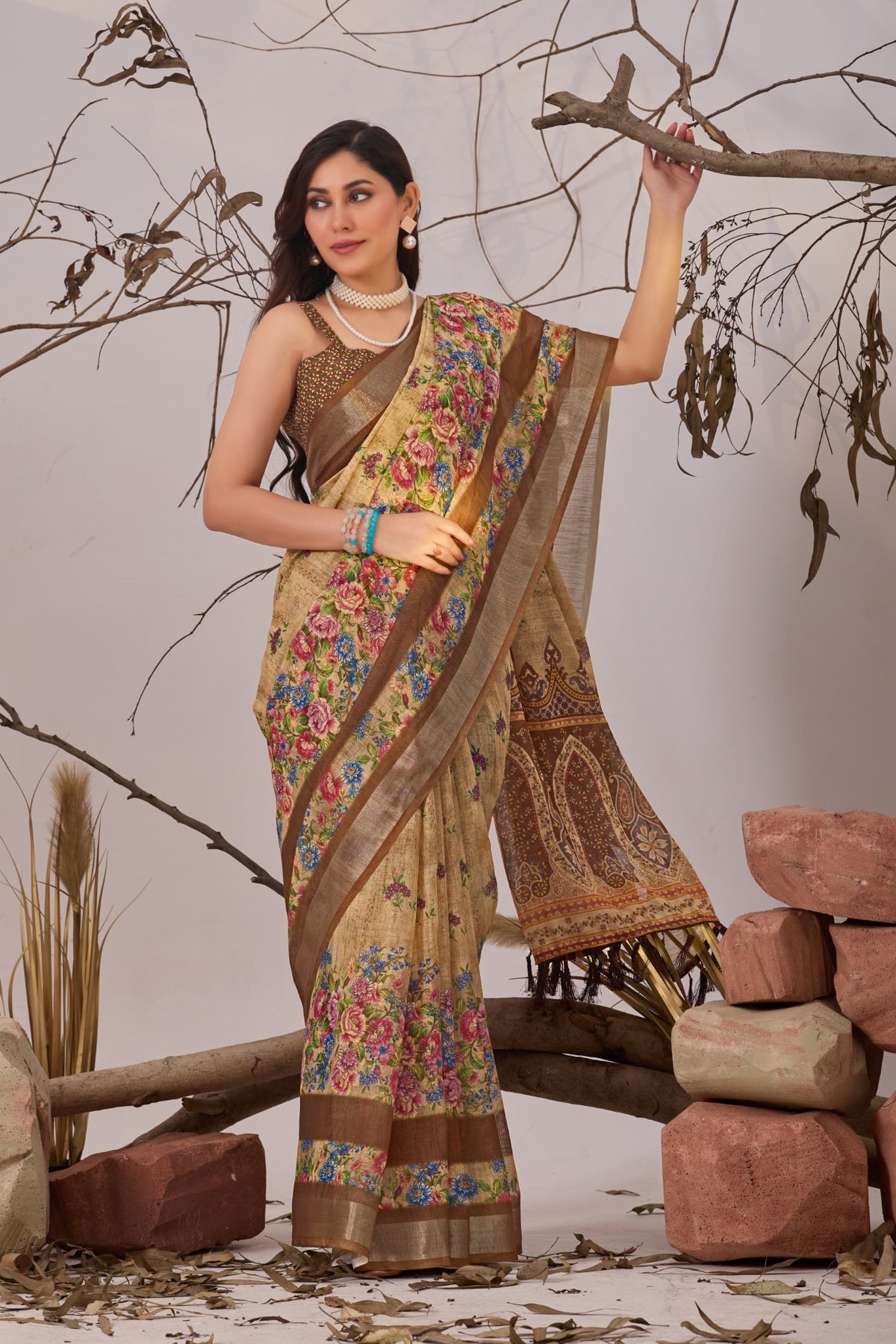 Cream Linen Cotton Saree with Digital Print