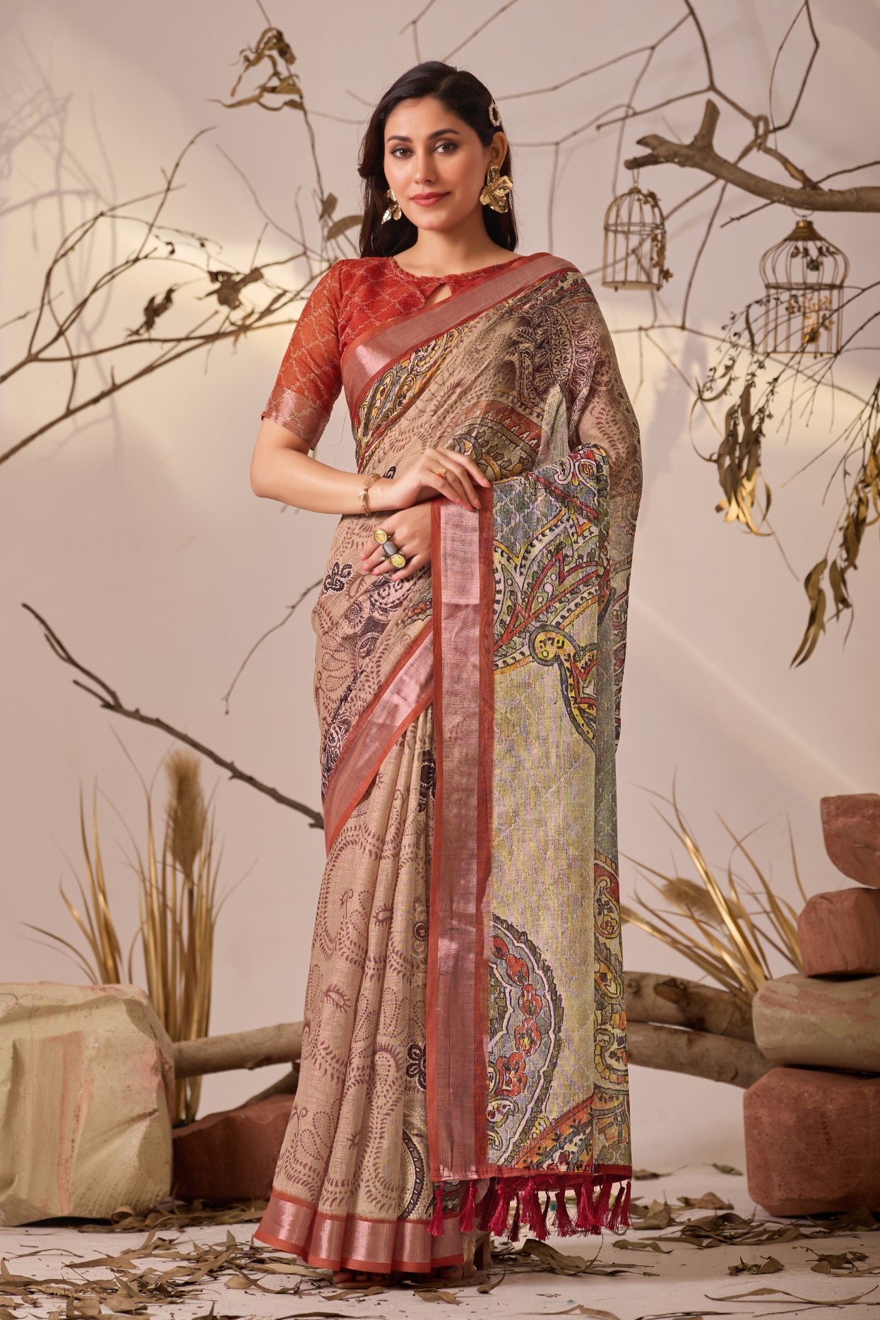 Cream Linen Cotton saree With Digital Print