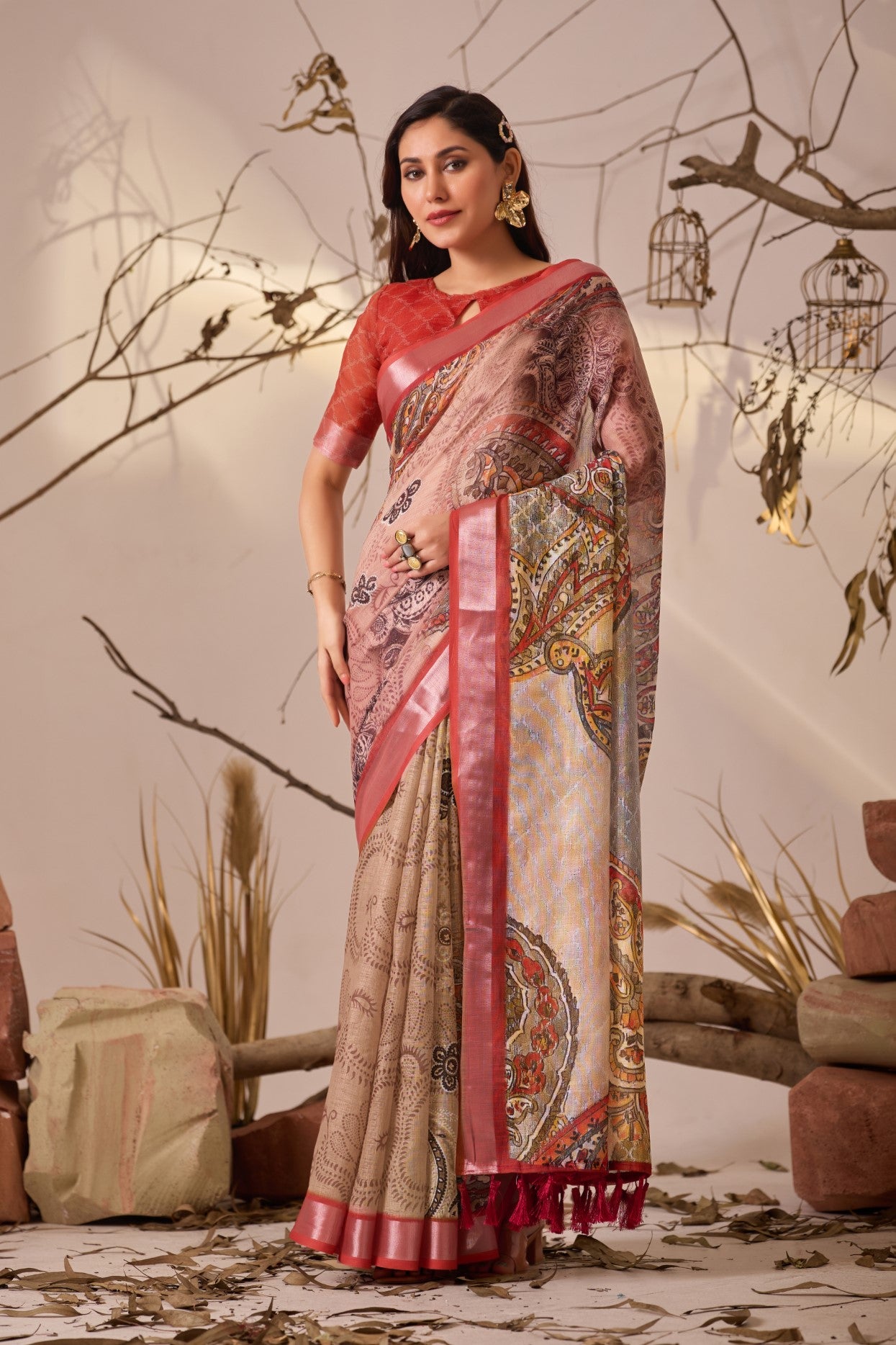 Cream Linen Cotton saree With Digital Print