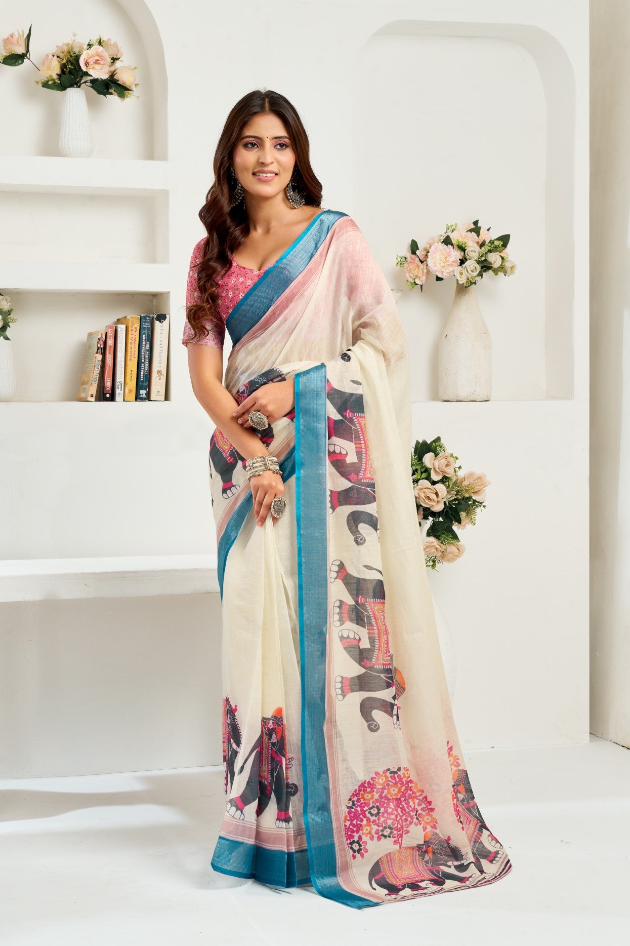 Cream Linen Ready To Wear Saree With Zari Border Printed
