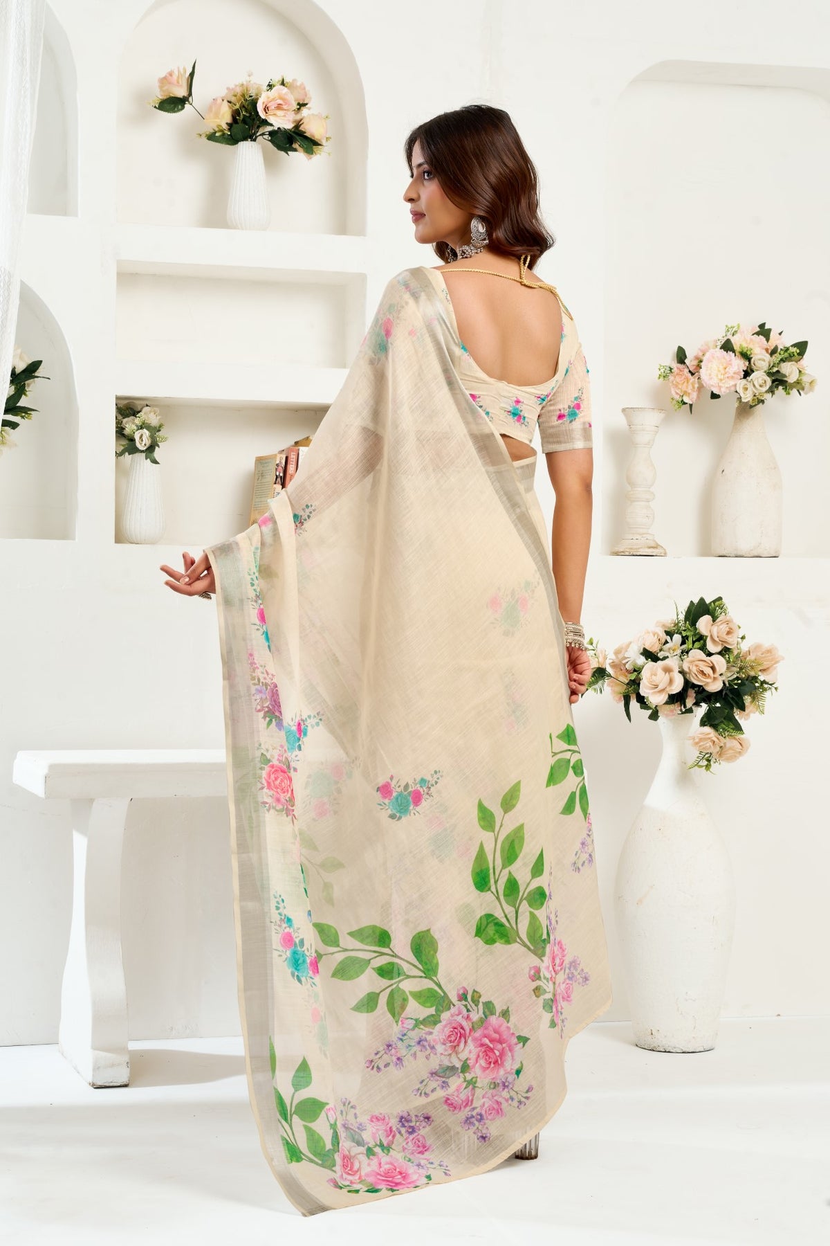 Cream Linen Ready To Wear Saree With Zari Border Printed