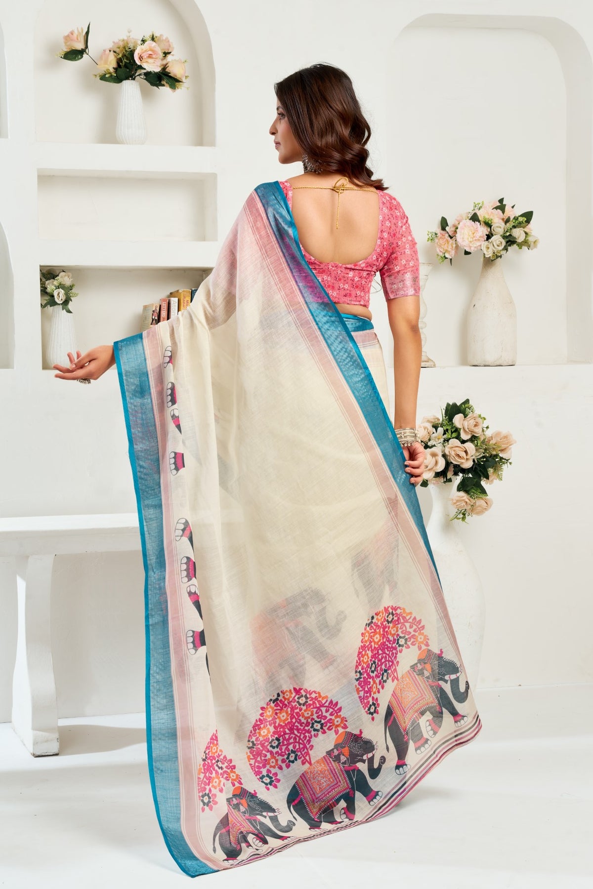 Cream Linen Ready To Wear Saree With Zari Border Printed