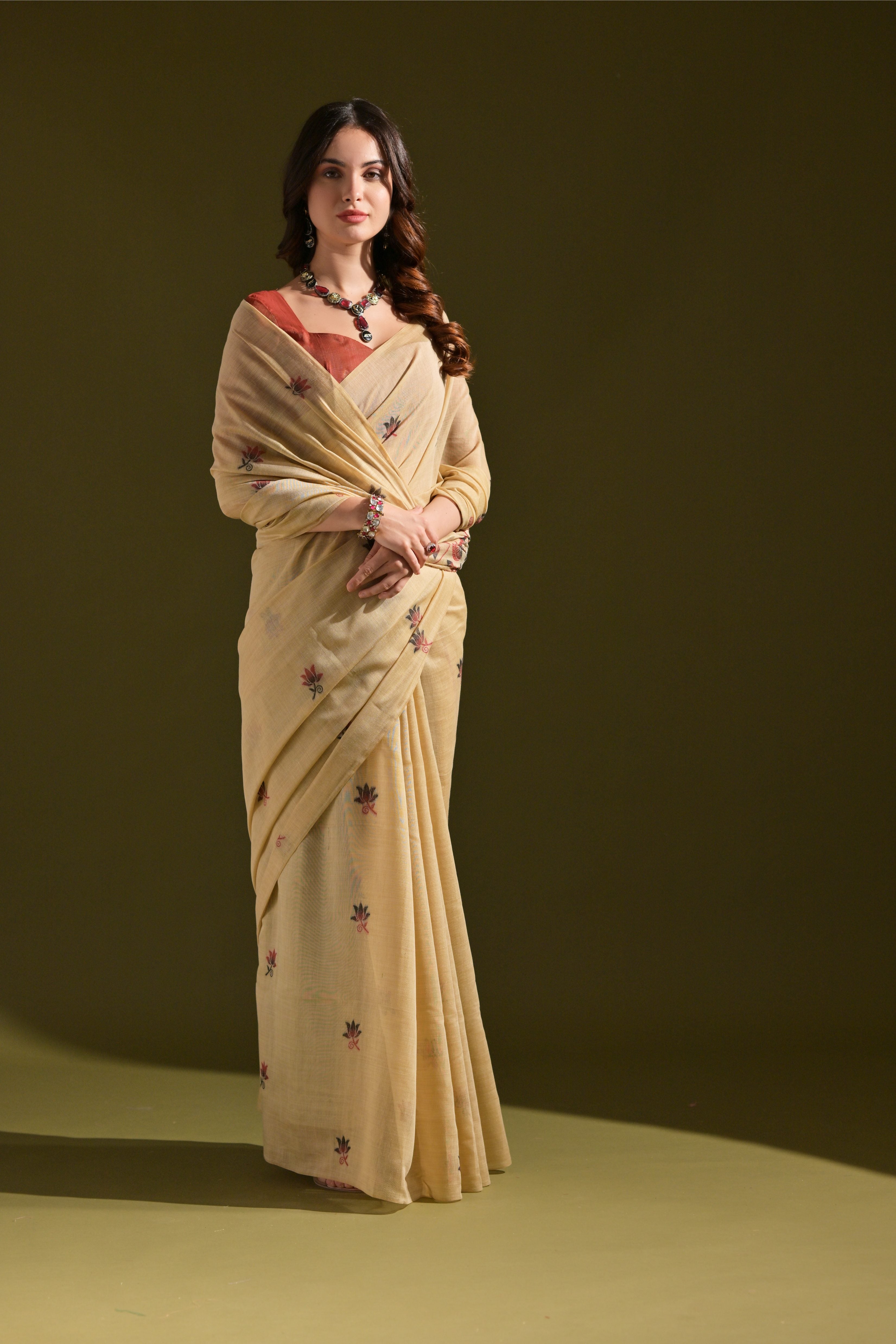 Cream Muga Cotton Saree with Lotus Thread Design