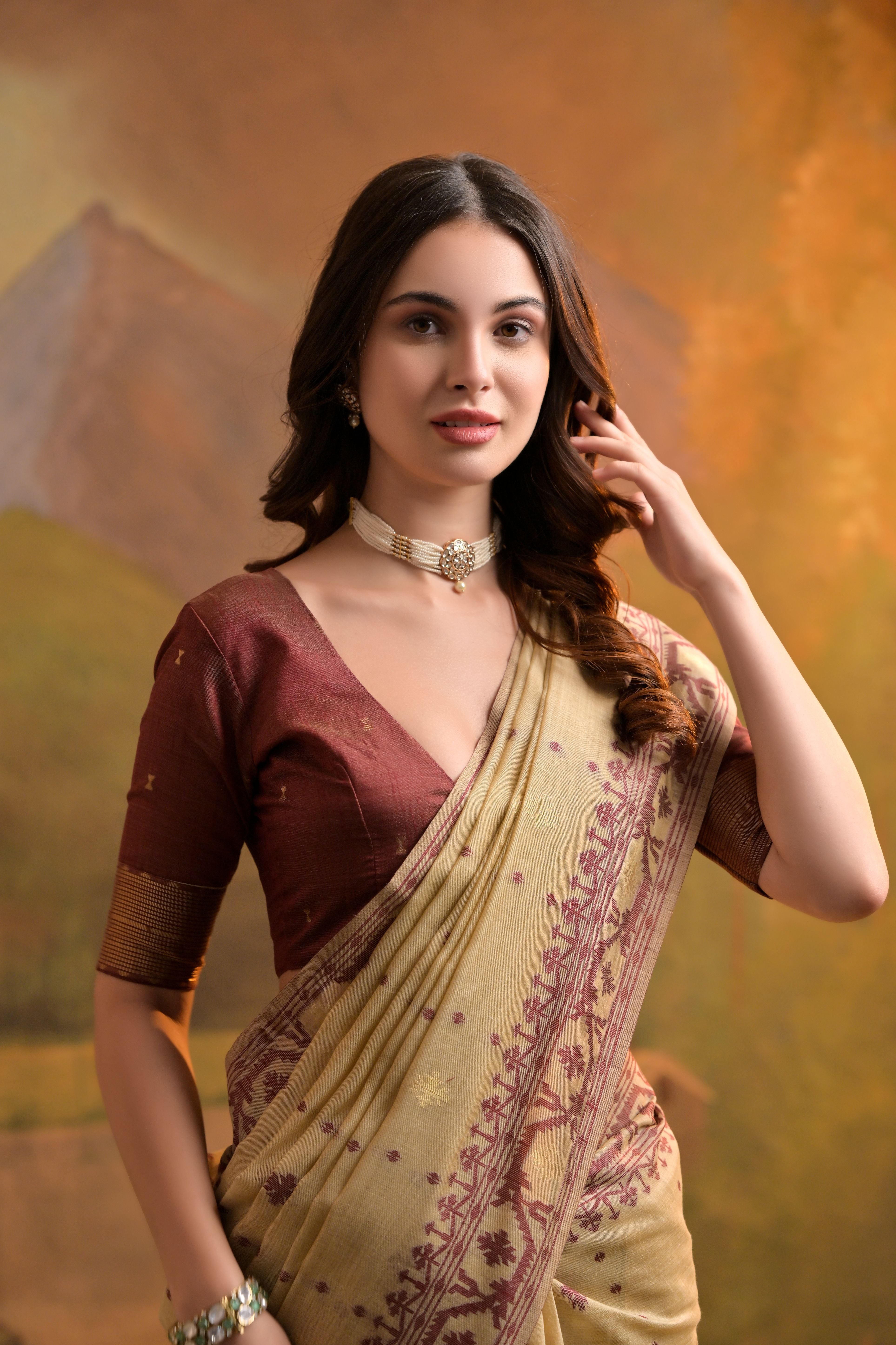 Cream Muga Cotton Saree with Thread Butti Weaves