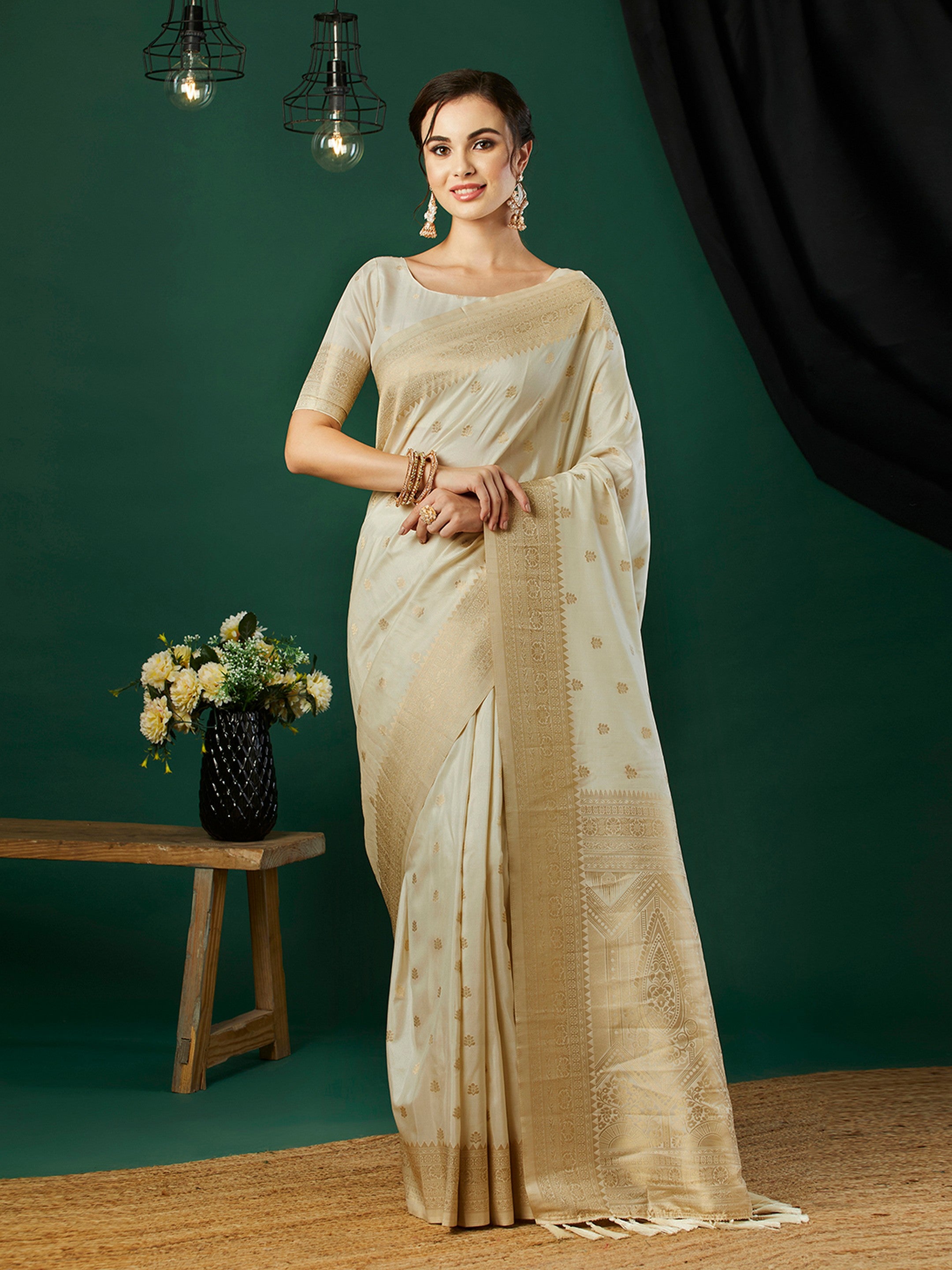 Cream Nylon Banarasi Woven Jacquard Designer Ethnic Indian Traditional Look Saree