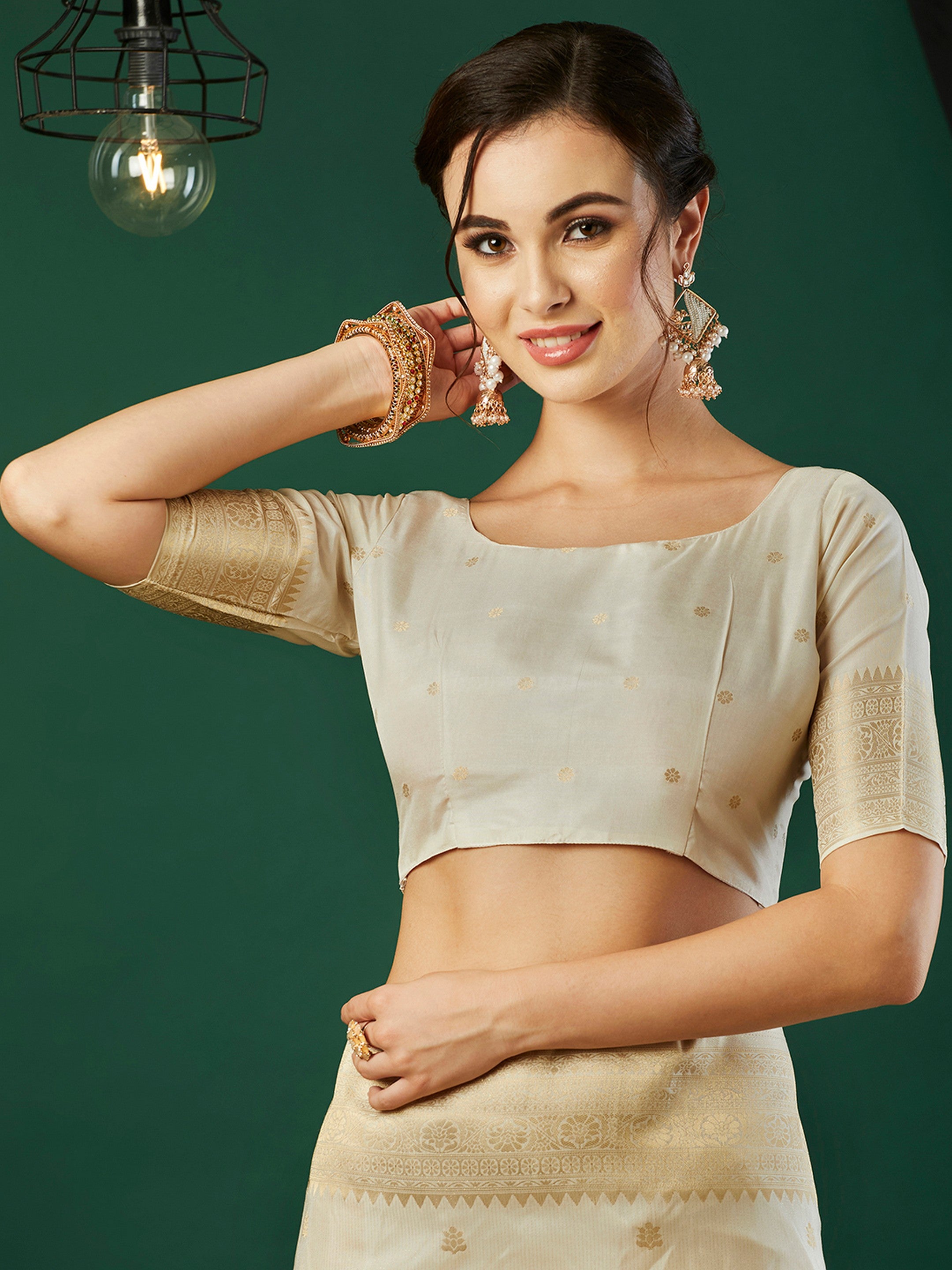 Cream Nylon Banarasi Woven Jacquard Designer Ethnic Indian Traditional Look Saree