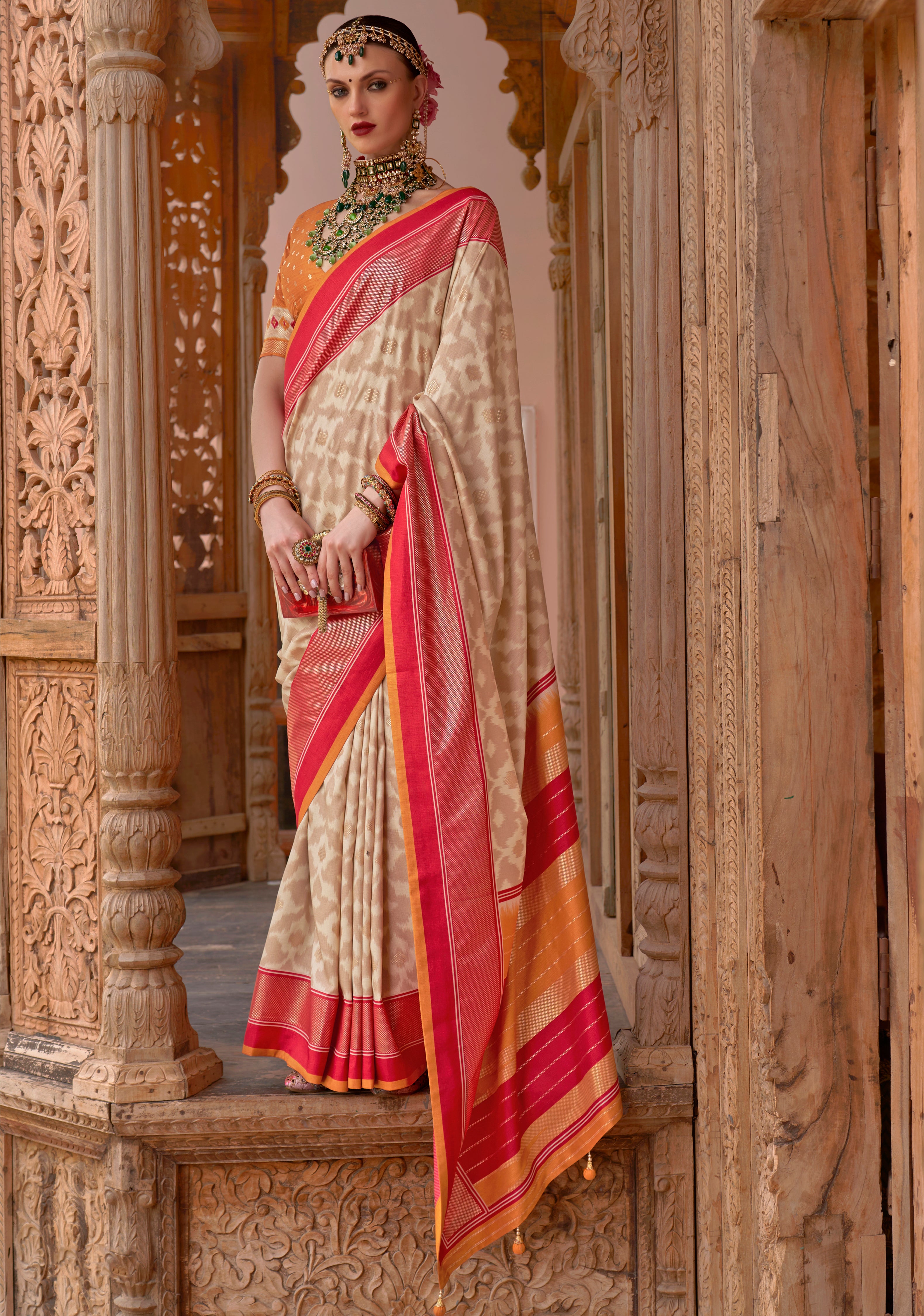 Cream PV Silk Saree with Printed