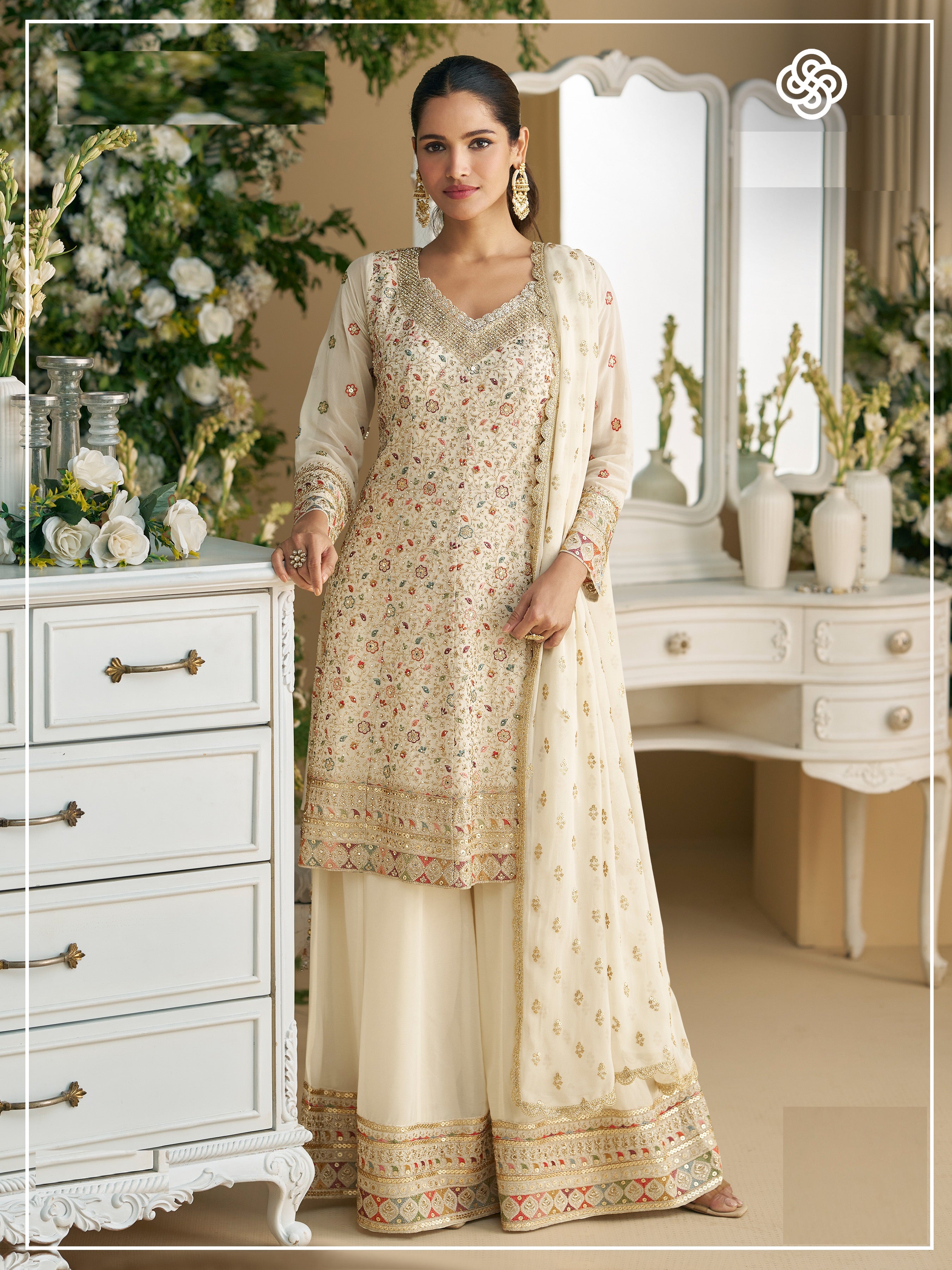 Cream Palazzo Style Salwar Suit With Heavy Embroidery Work