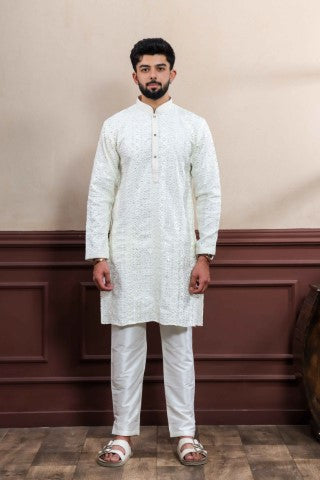 Cream Partywear Kurta Pajama with Designer Embroidery