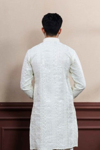 Cream Partywear Kurta Pajama with Designer Embroidery