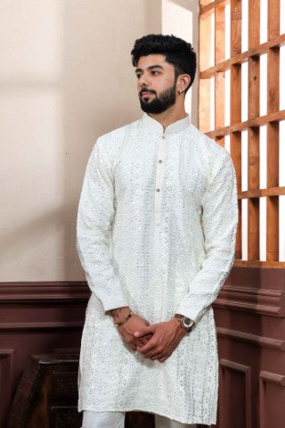 Cream Partywear Kurta Pajama with Designer Embroidery