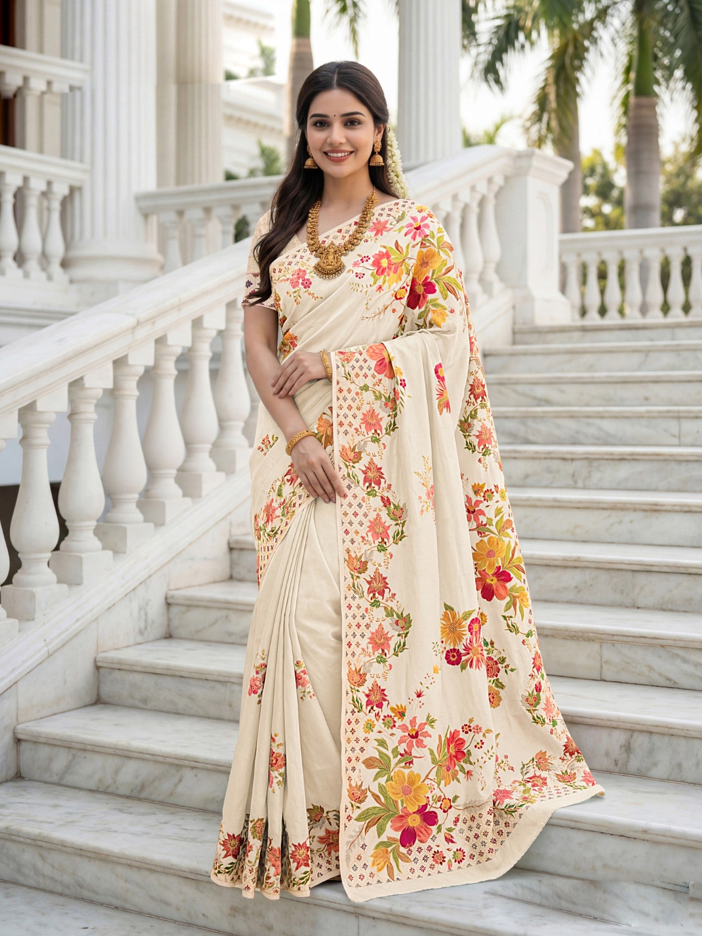 Cream Premium Russian Silk Saree With Designer Floral Position Print