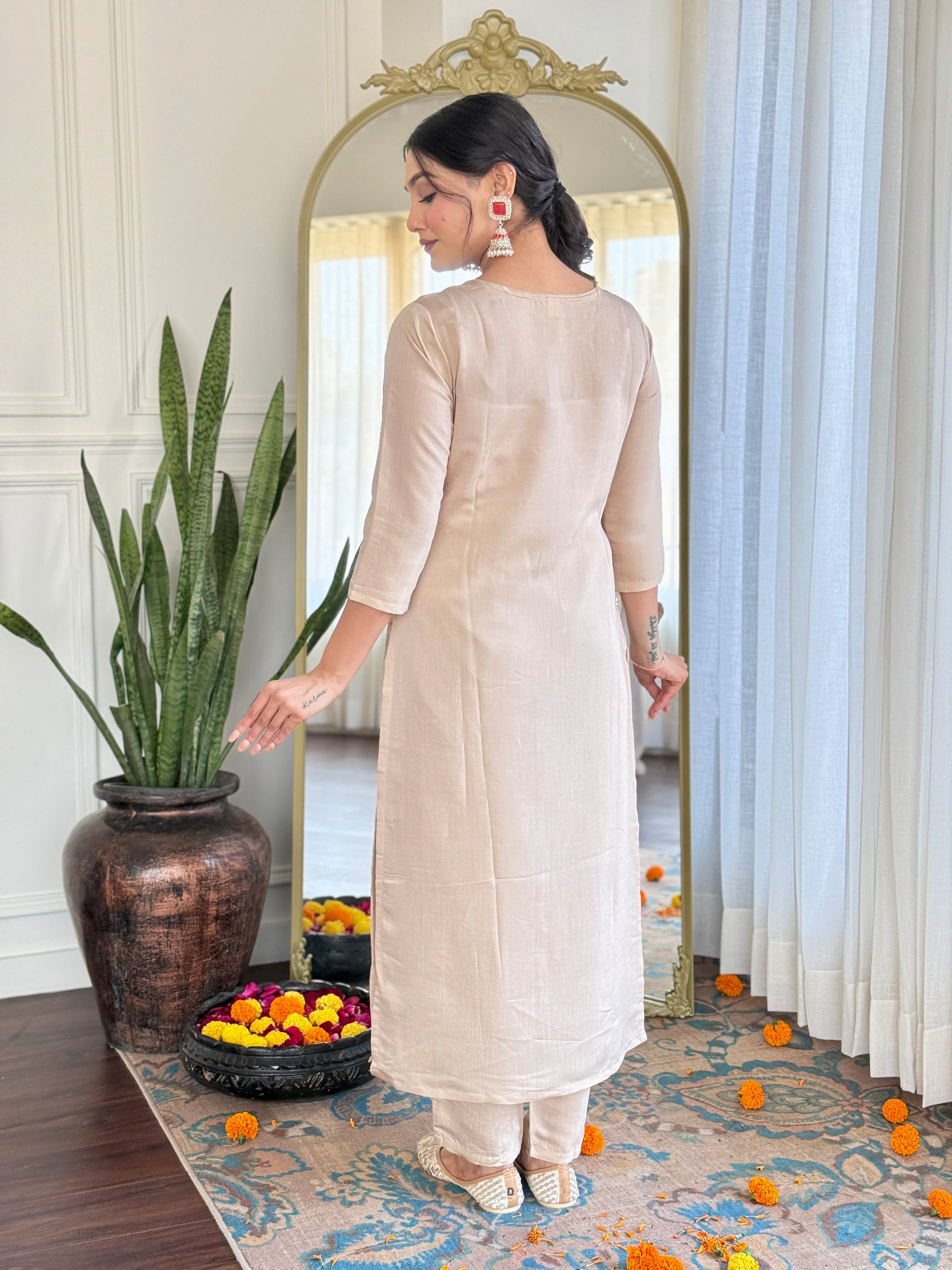 Cream Rayon Elegant Kurta Pant Set With Embroidery Work
