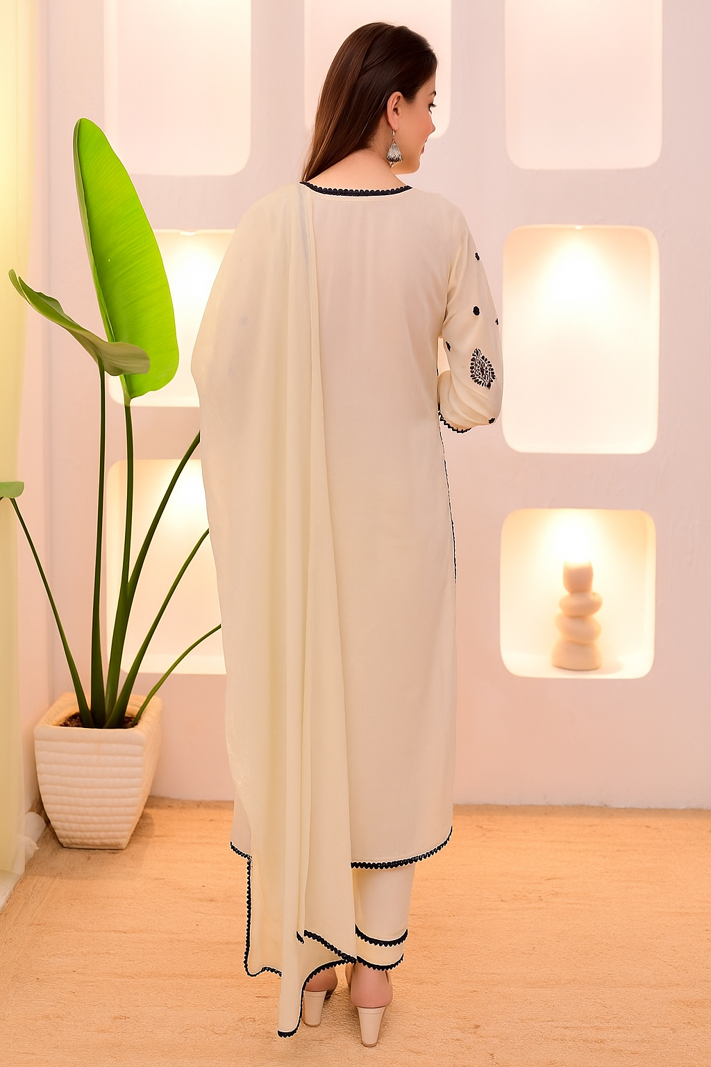 Cream Rayon Slub Kurta Pant Set With Heavy Thread Embroidery Work