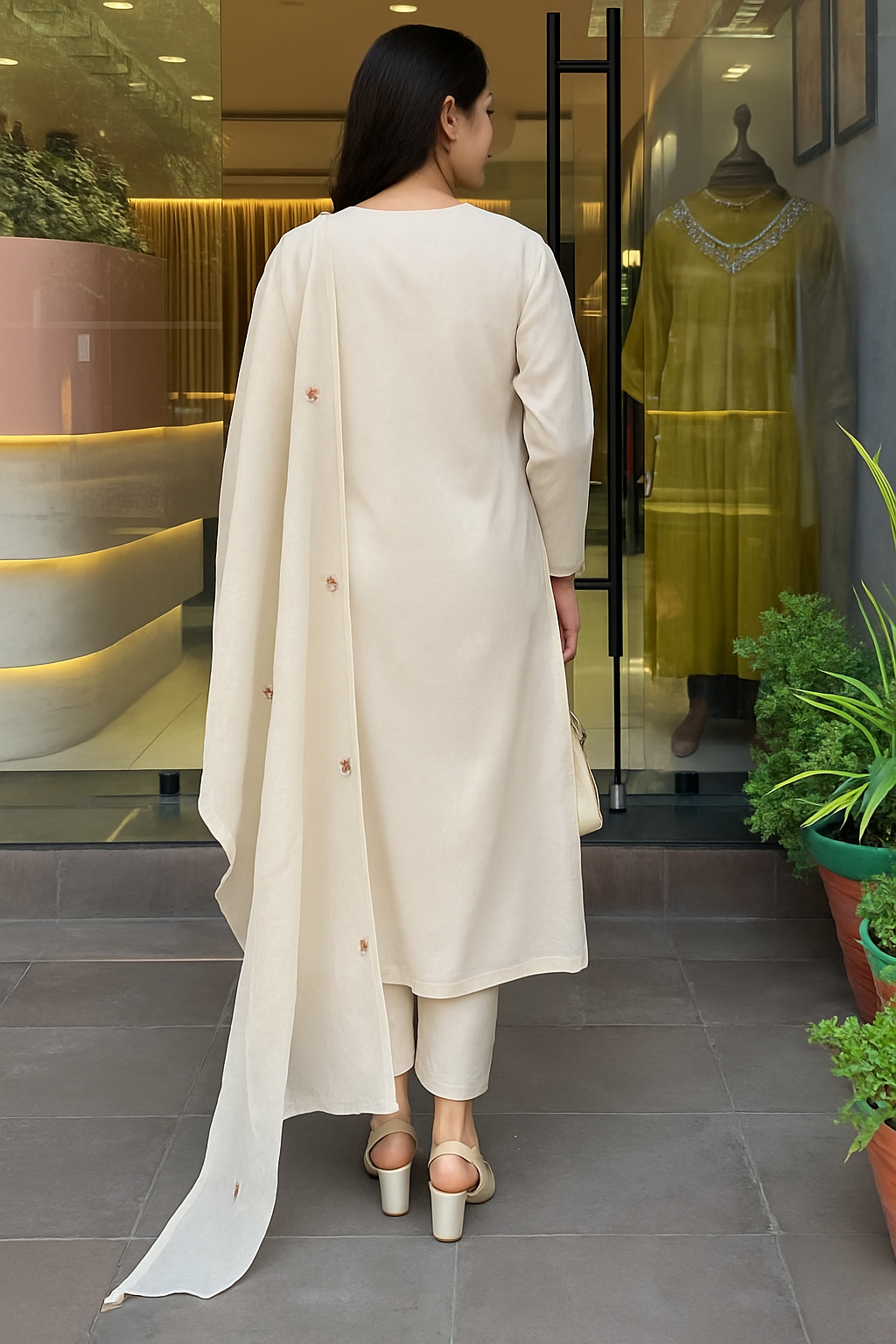 Cream Rayon Slub Kurta Pant Set With Heavy Thread Embroidery Work