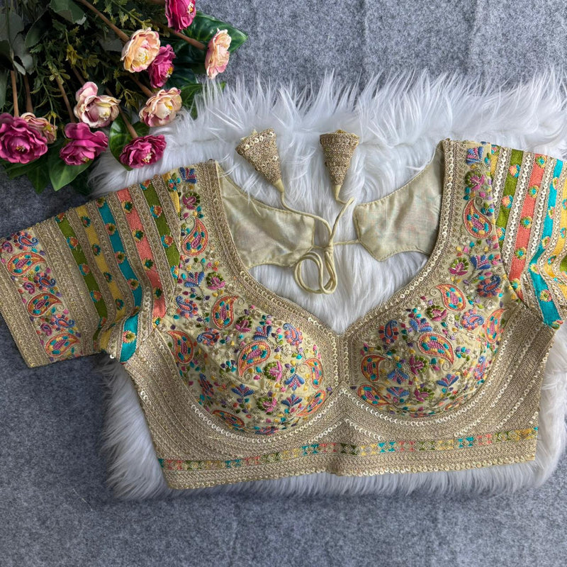 Cream Sabyasachi Style Heavy Kashmiri Thread & Cording Work Fox Georgette Blouse for Women