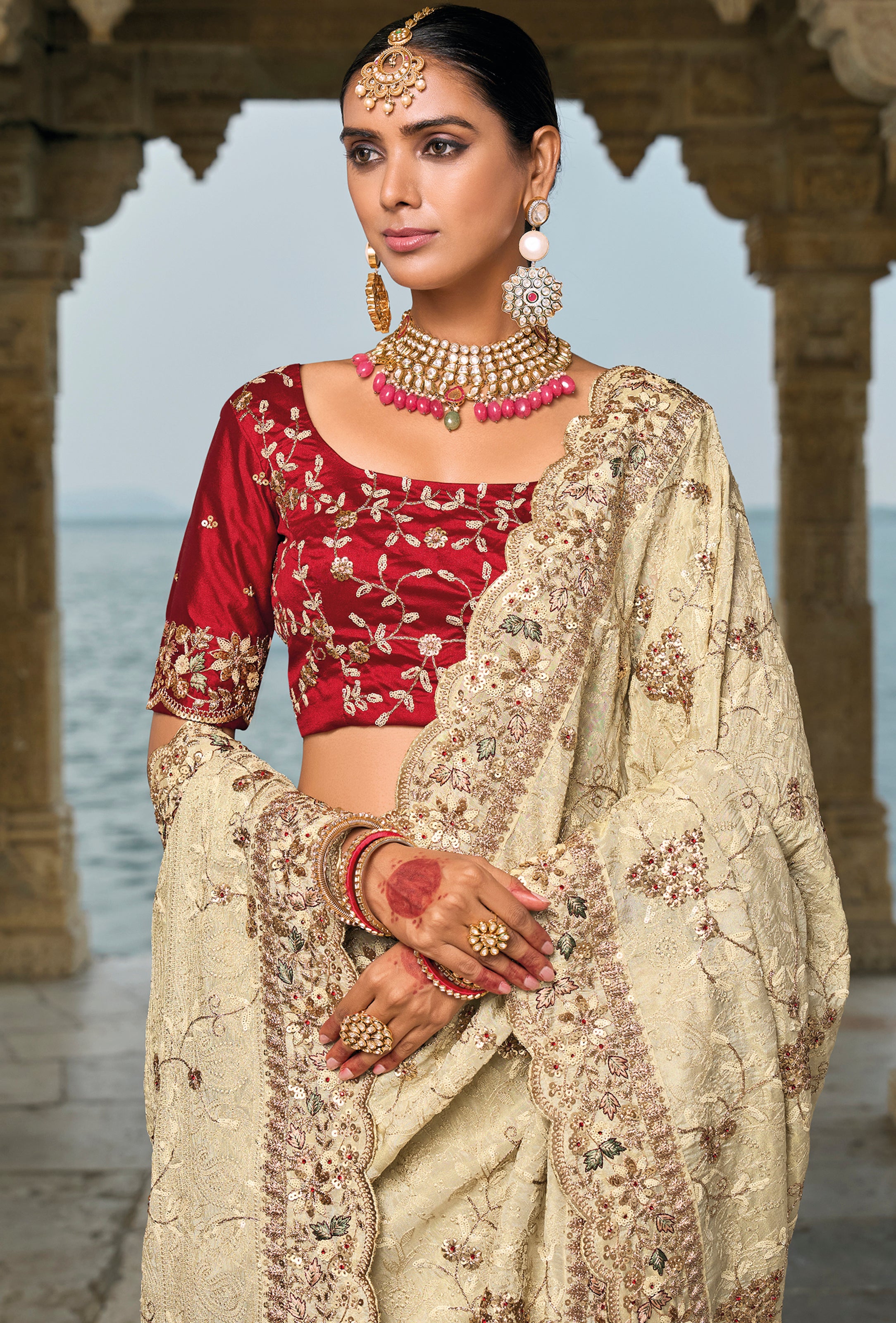 Cream Saree With Heavy Embroidered Work