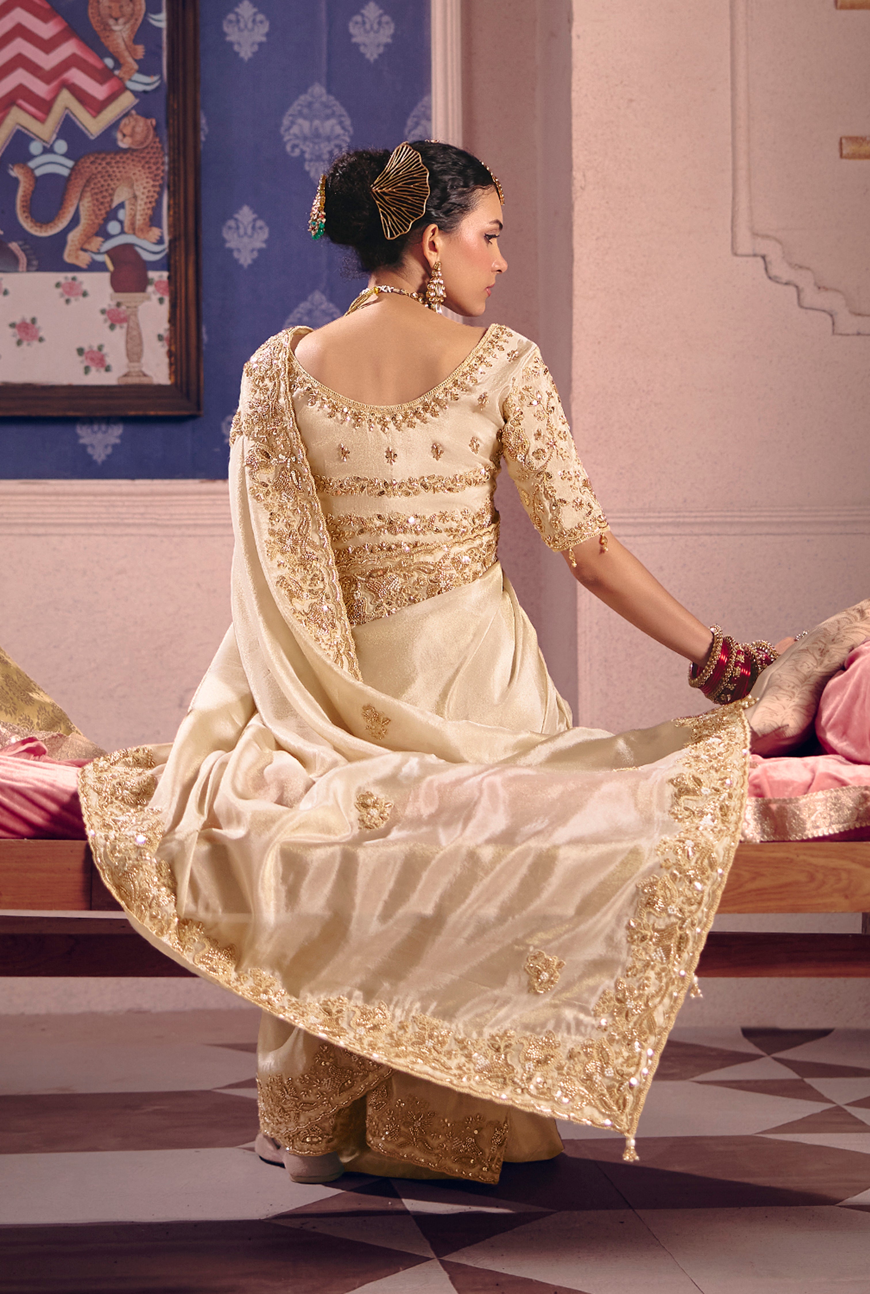 Cream Saree With Heavy Embroidery, Beads With Sequince Work