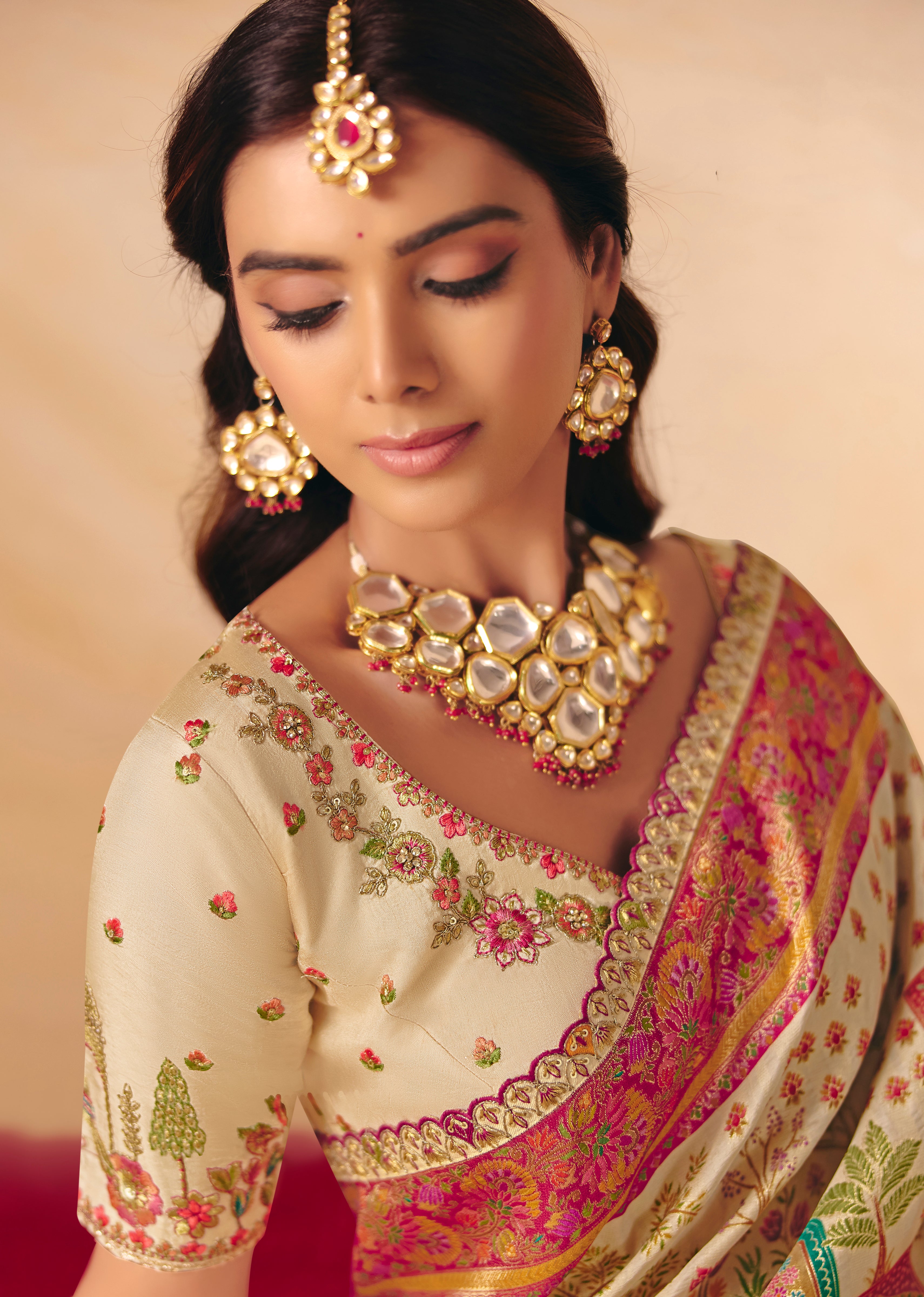 Cream Saree With Heavy Embroidery, Sequin, Thread, and Stone Work On Patli & Cutwork Lace With Heavy Work Blouse