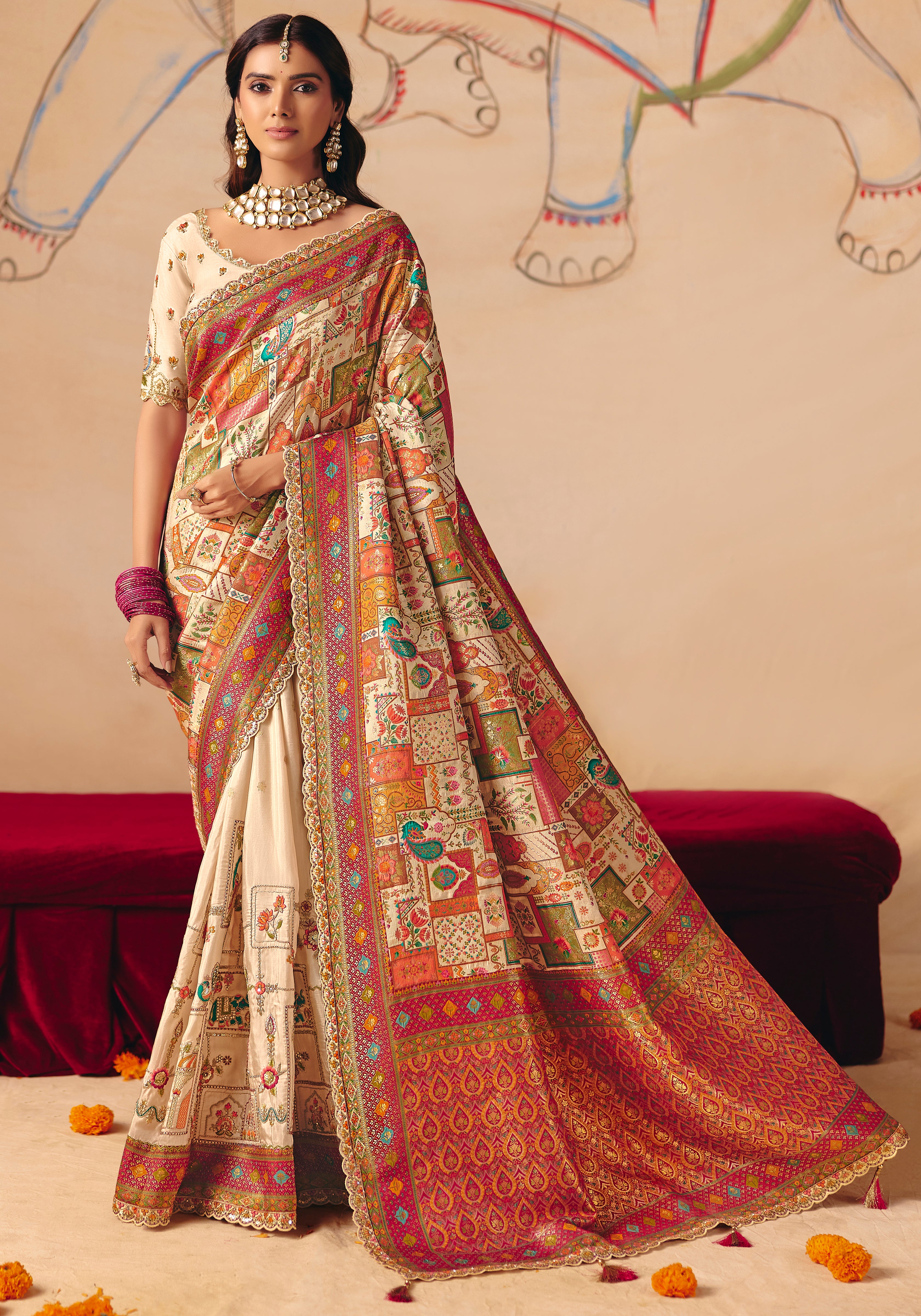 Cream Saree With Heavy Embroidery, Sequin, Thread, and Stone Work On Patli & Cutwork Lace With Heavy Work Blouse