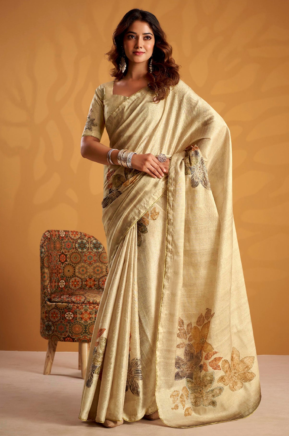 Cream Saree With Printed With Kasheeda work