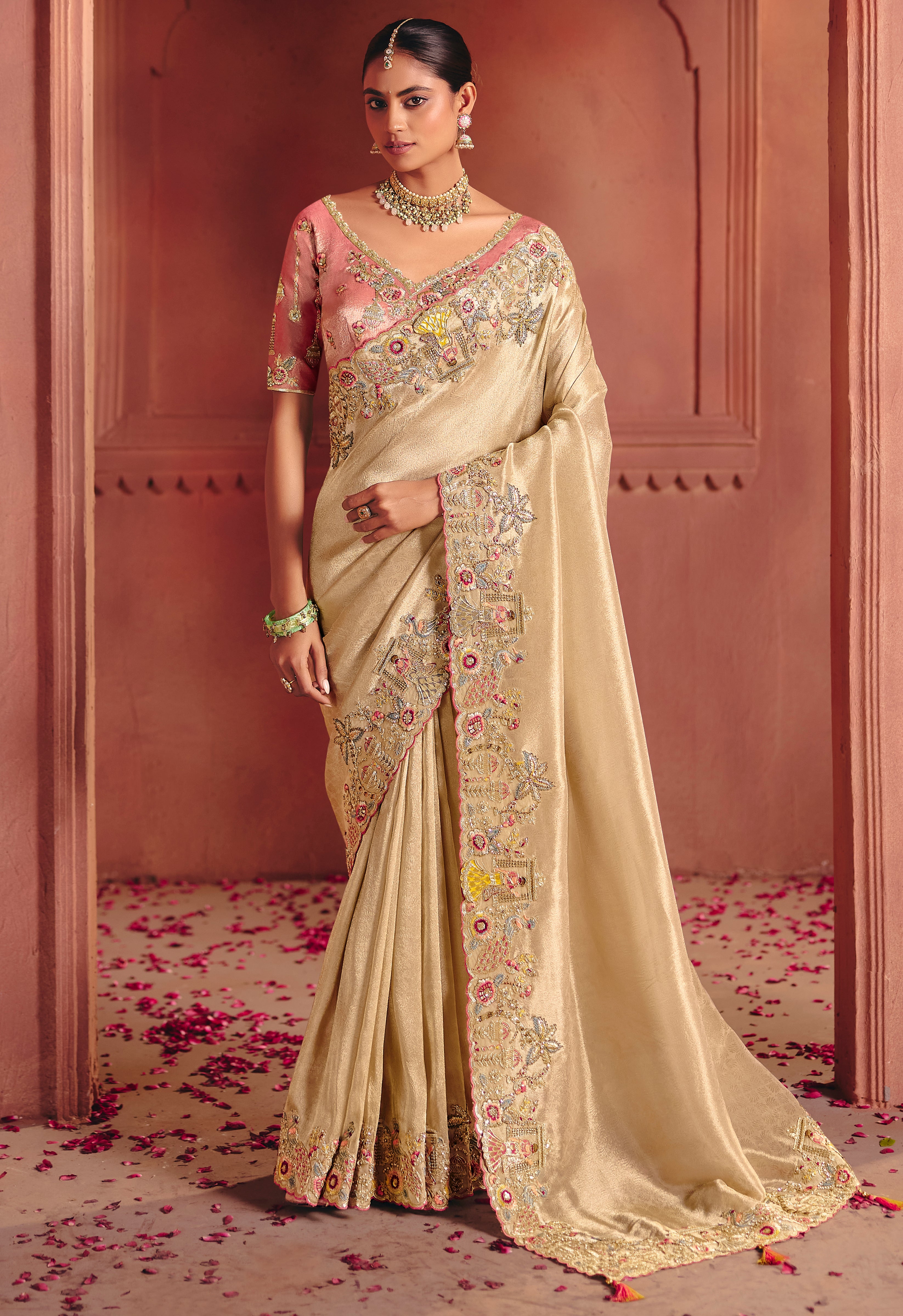Cream Saree With Sequin, Thread, Weaving Heavy Embroidery Work With Heavy Embroidery Work Blouse