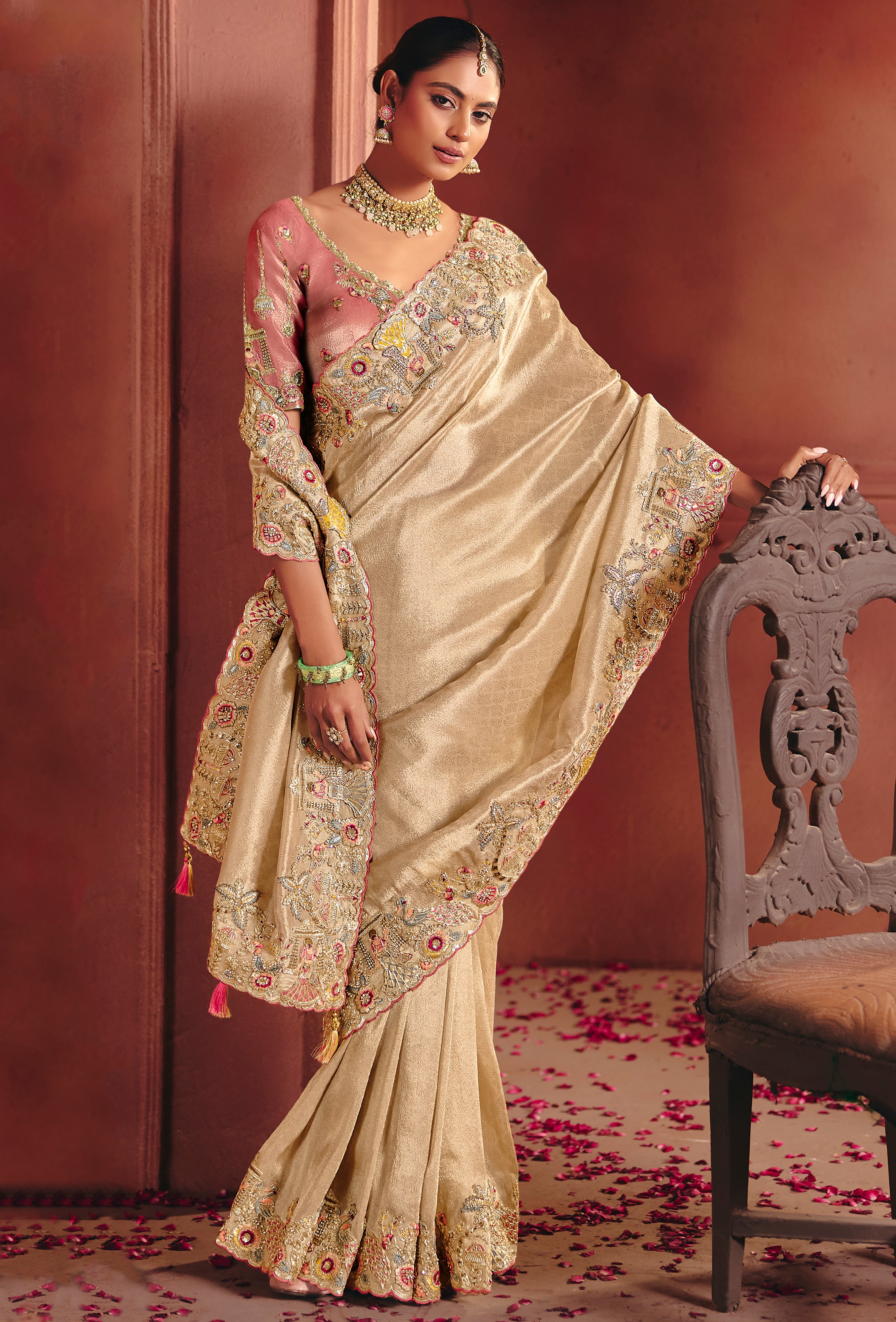 Cream Saree With Sequin, Thread, Weaving Heavy Embroidery Work With Heavy Embroidery Work Blouse