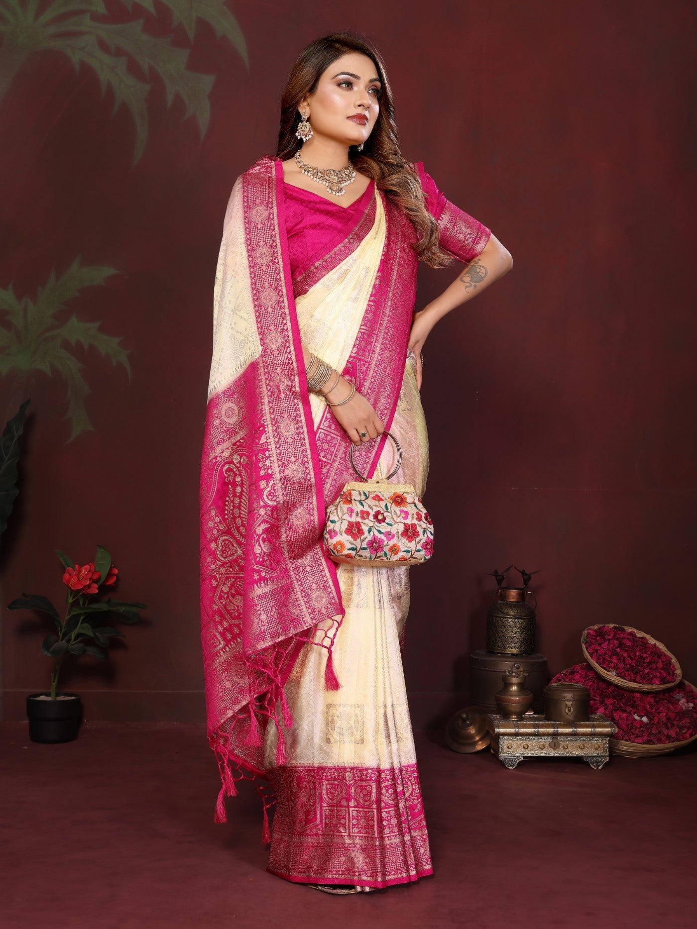 Cream Satin Silk Saree With Designer Zari Butta Designs