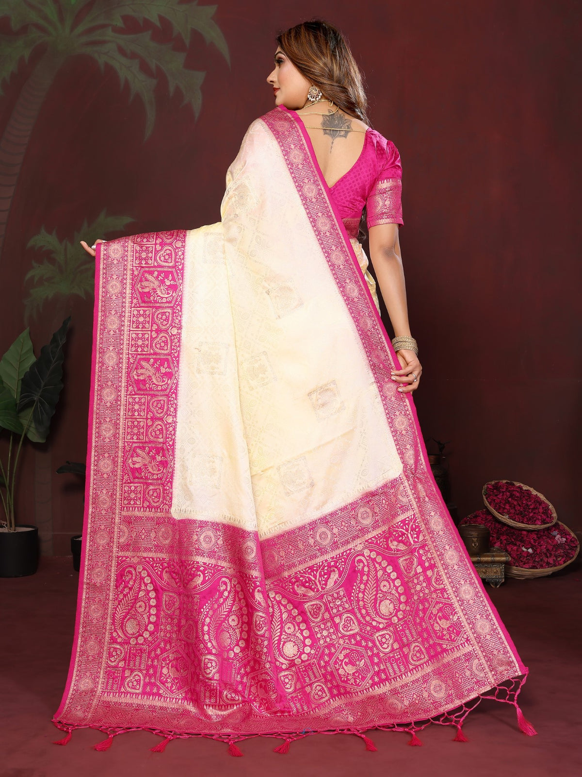 Cream Satin Silk Saree With Designer Zari Butta Designs