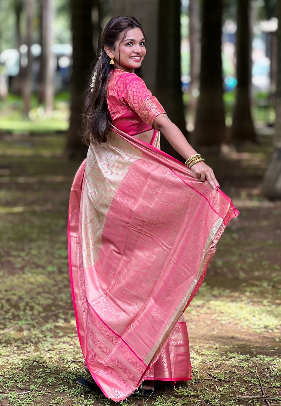 Cream Silk Blend South Indian Kanchipuram Saree