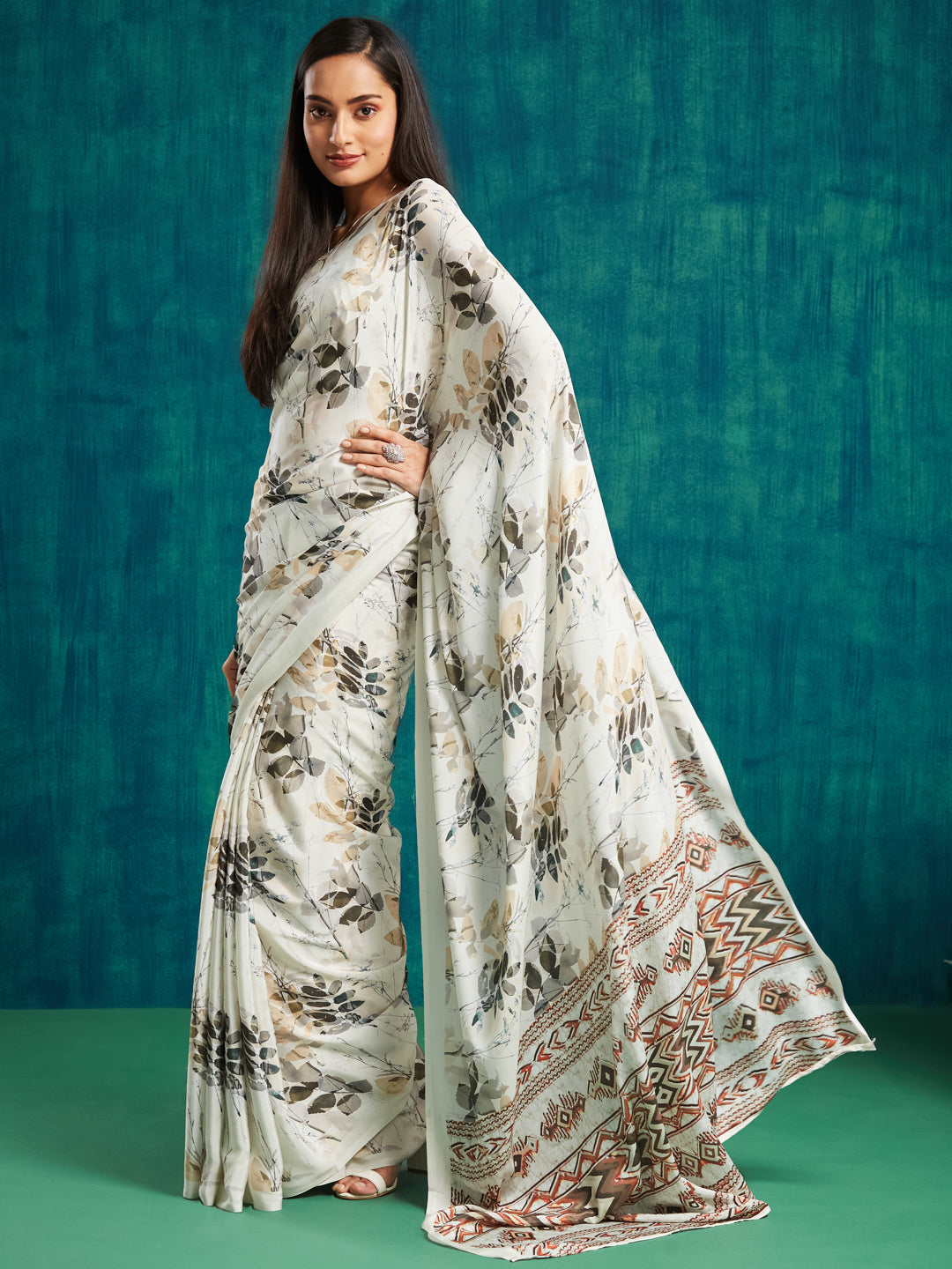 Cream Silk Crepe Designer Digital Printed Ready To Wear Saree