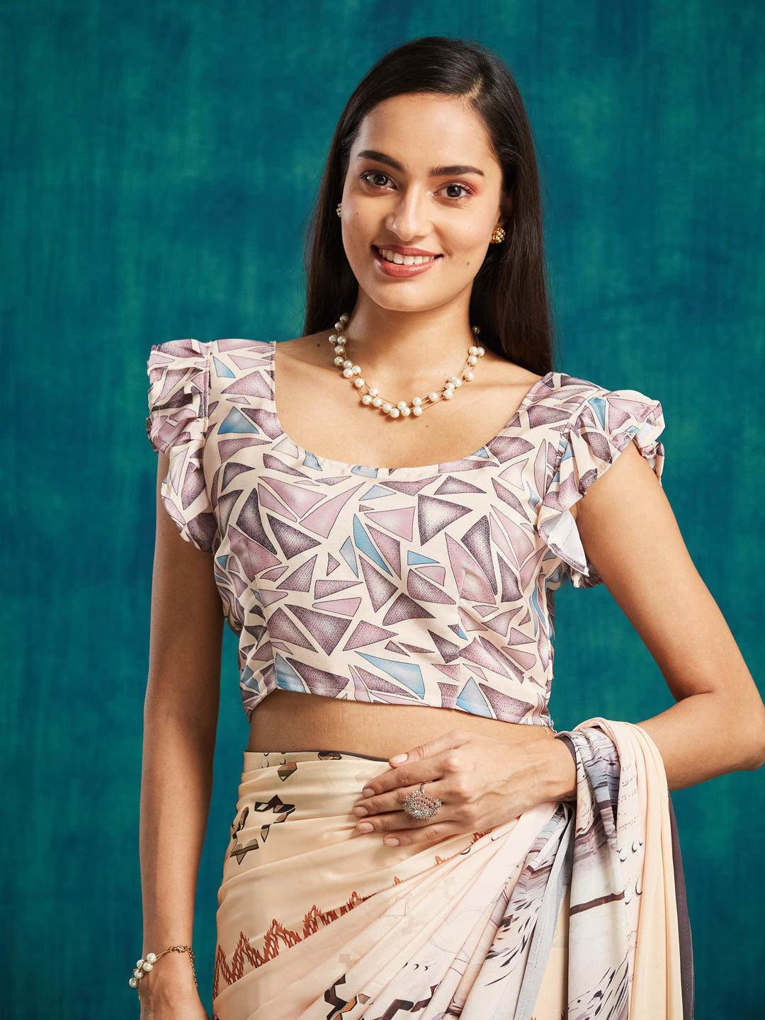 Cream Silk Crepe Designer Digital Printed Ready To Wear Saree