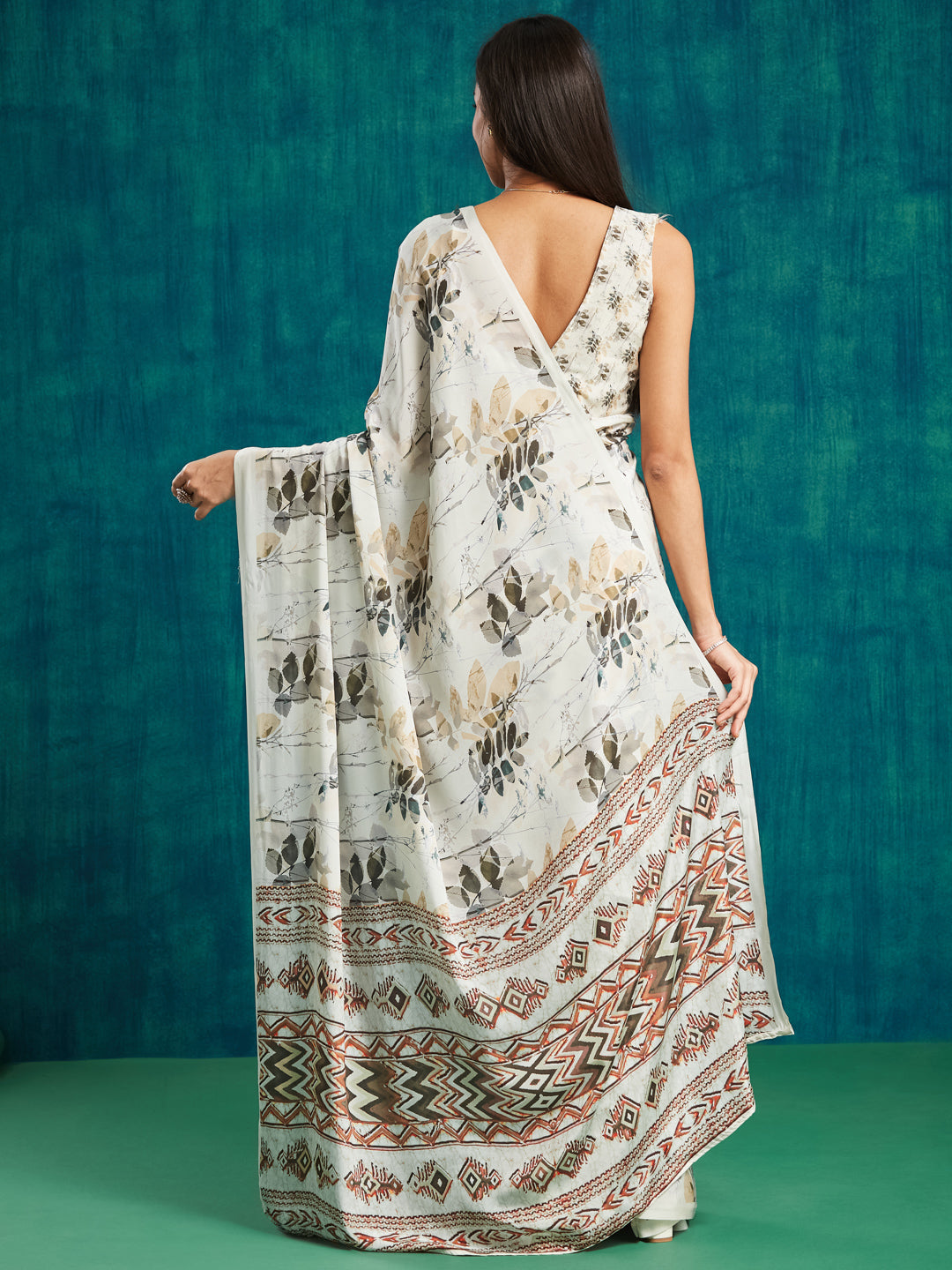 Cream Silk Crepe Designer Digital Printed Ready To Wear Saree