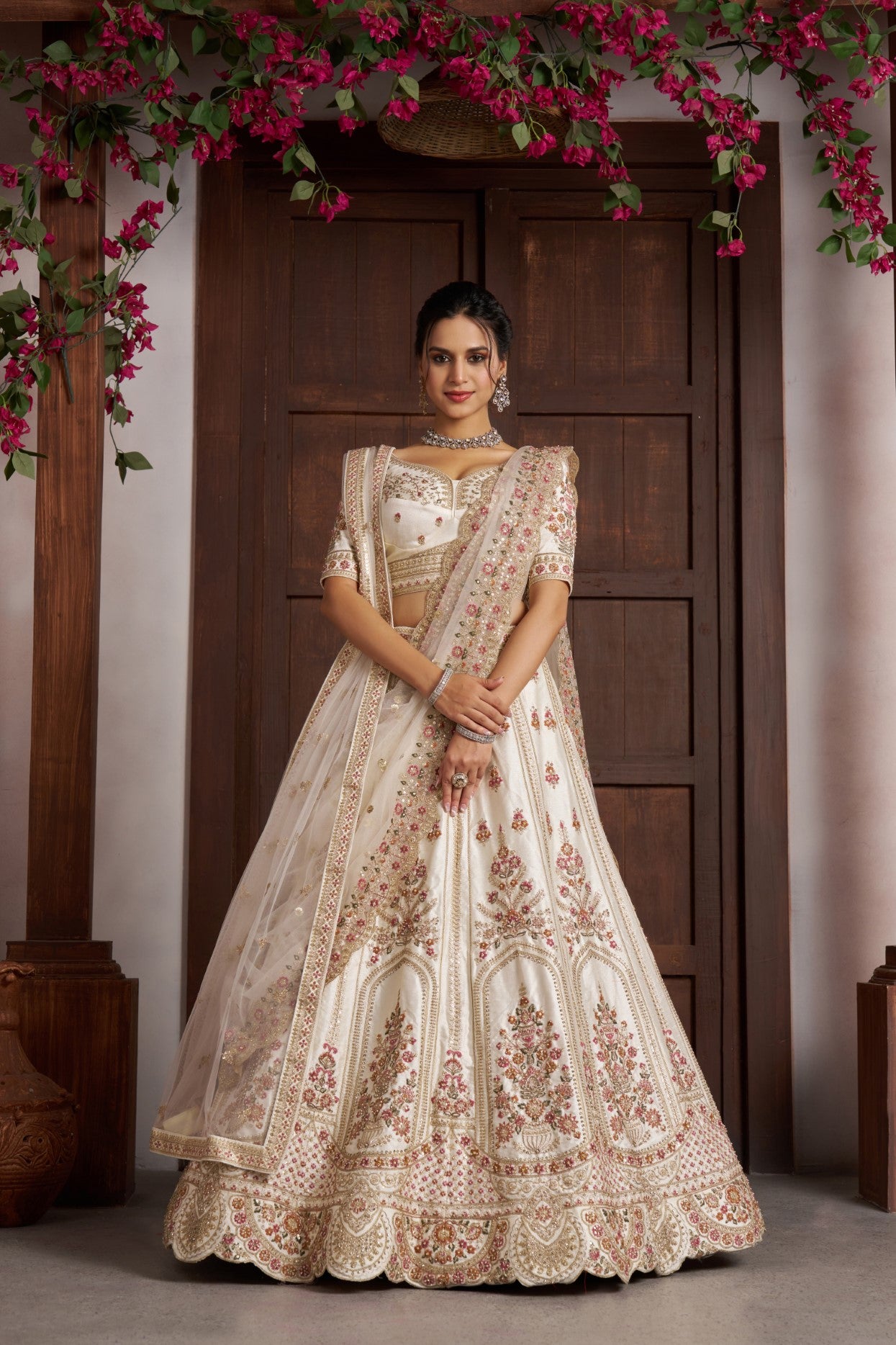 Cream Silk Double Dupatta Bridal Lehenga Choli with Multicolor Embroidery