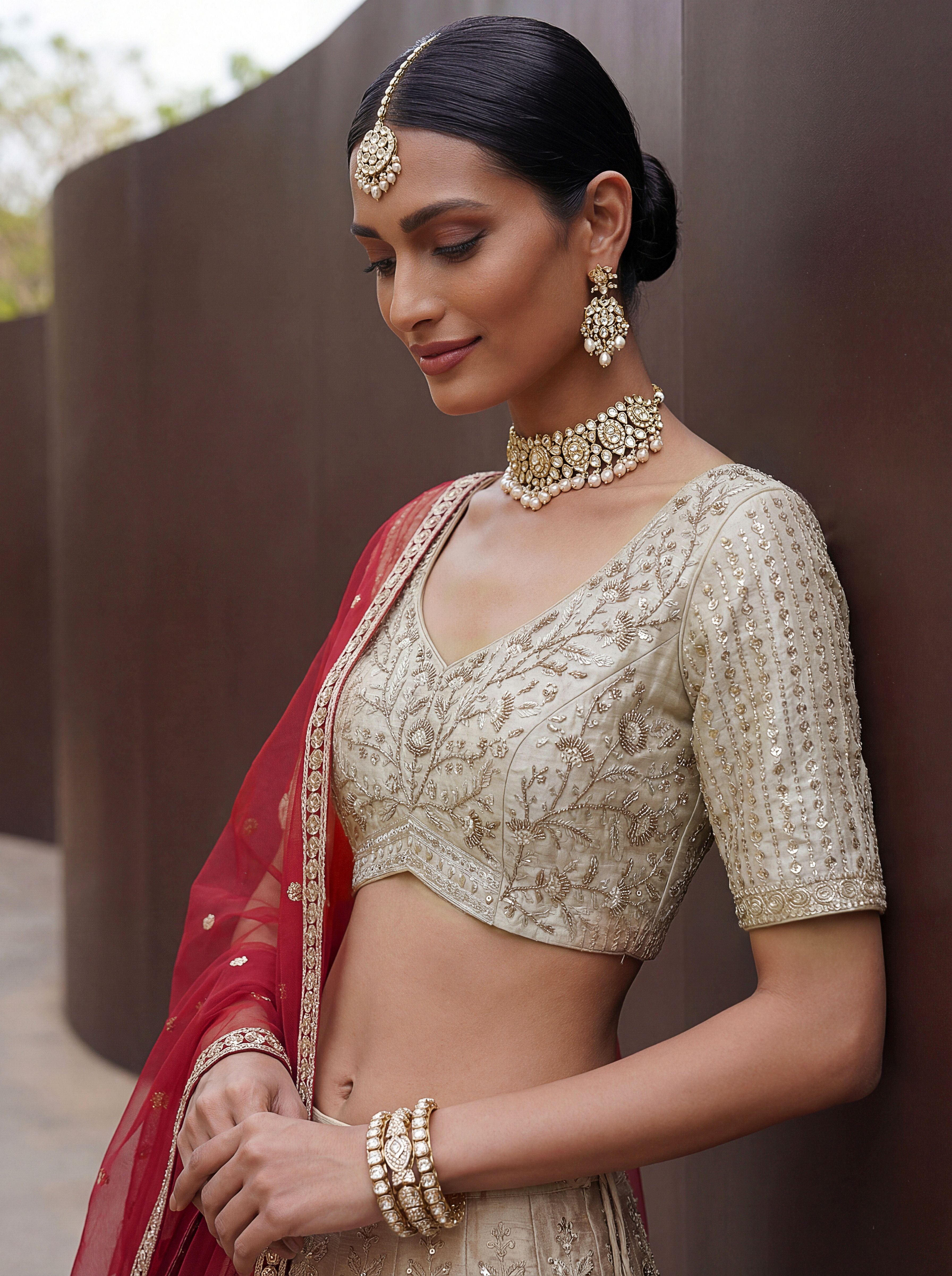 Cream Silk Lehenga Choli With Hand Work With Jari Embroidery And Pipe Work