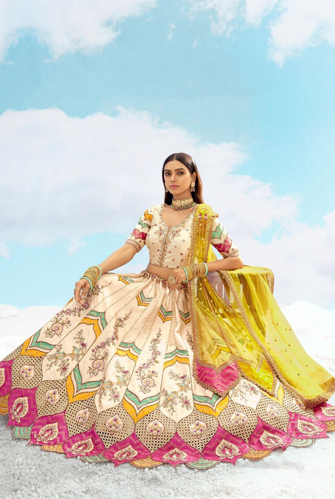 Cream Silk Lehenga Choli With Heavy Thread Embroidery, Zari With Sequins Work