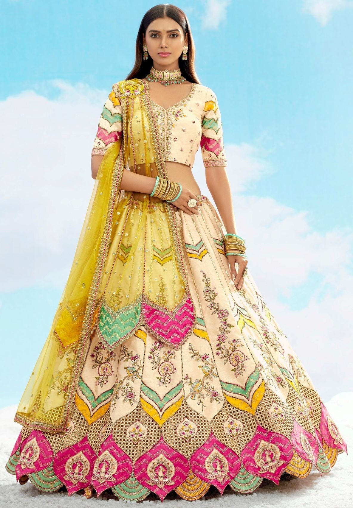 Cream Silk Lehenga Choli With Heavy Thread Embroidery, Zari With Sequins Work