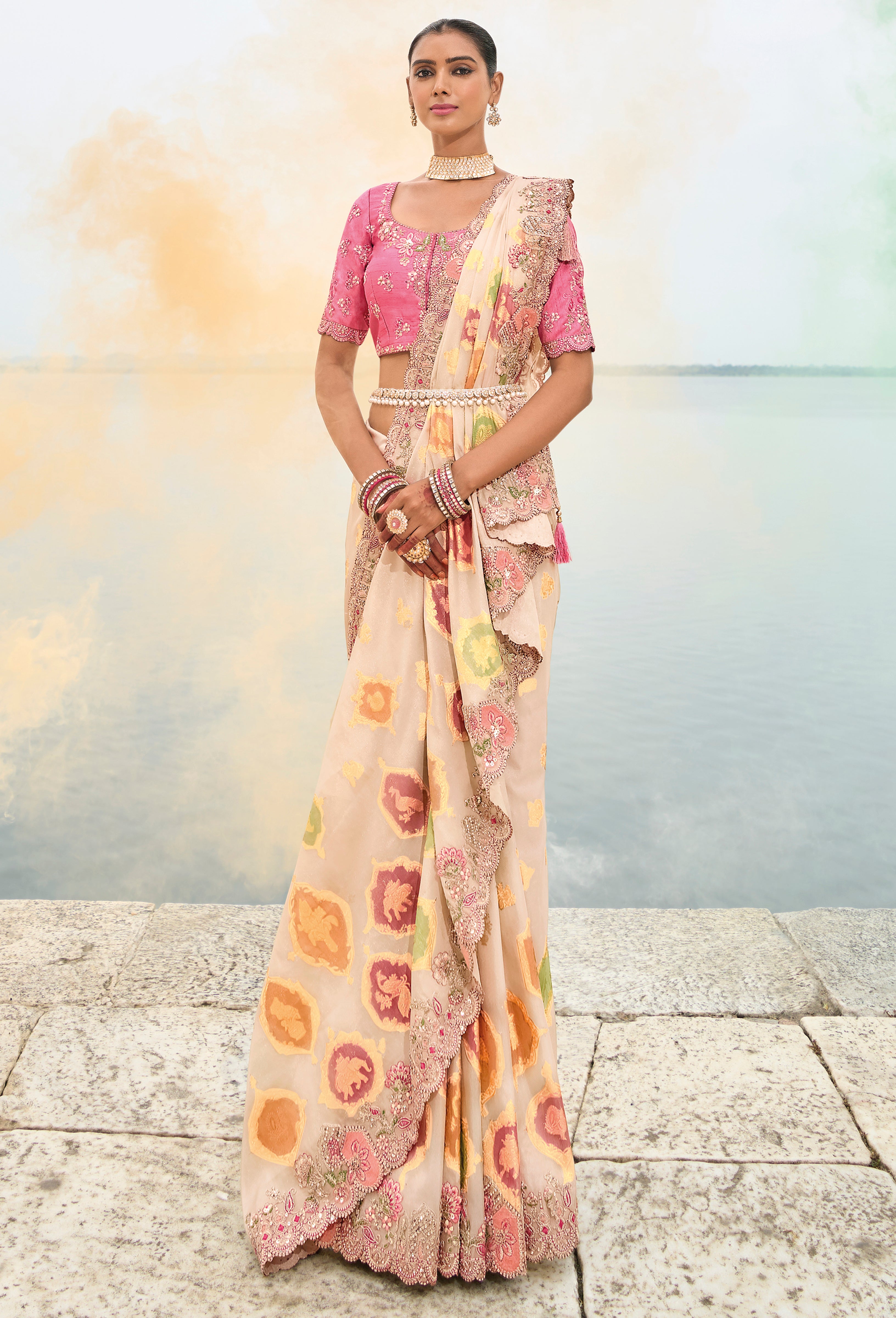 Cream Silk Saree With Embroidery Work