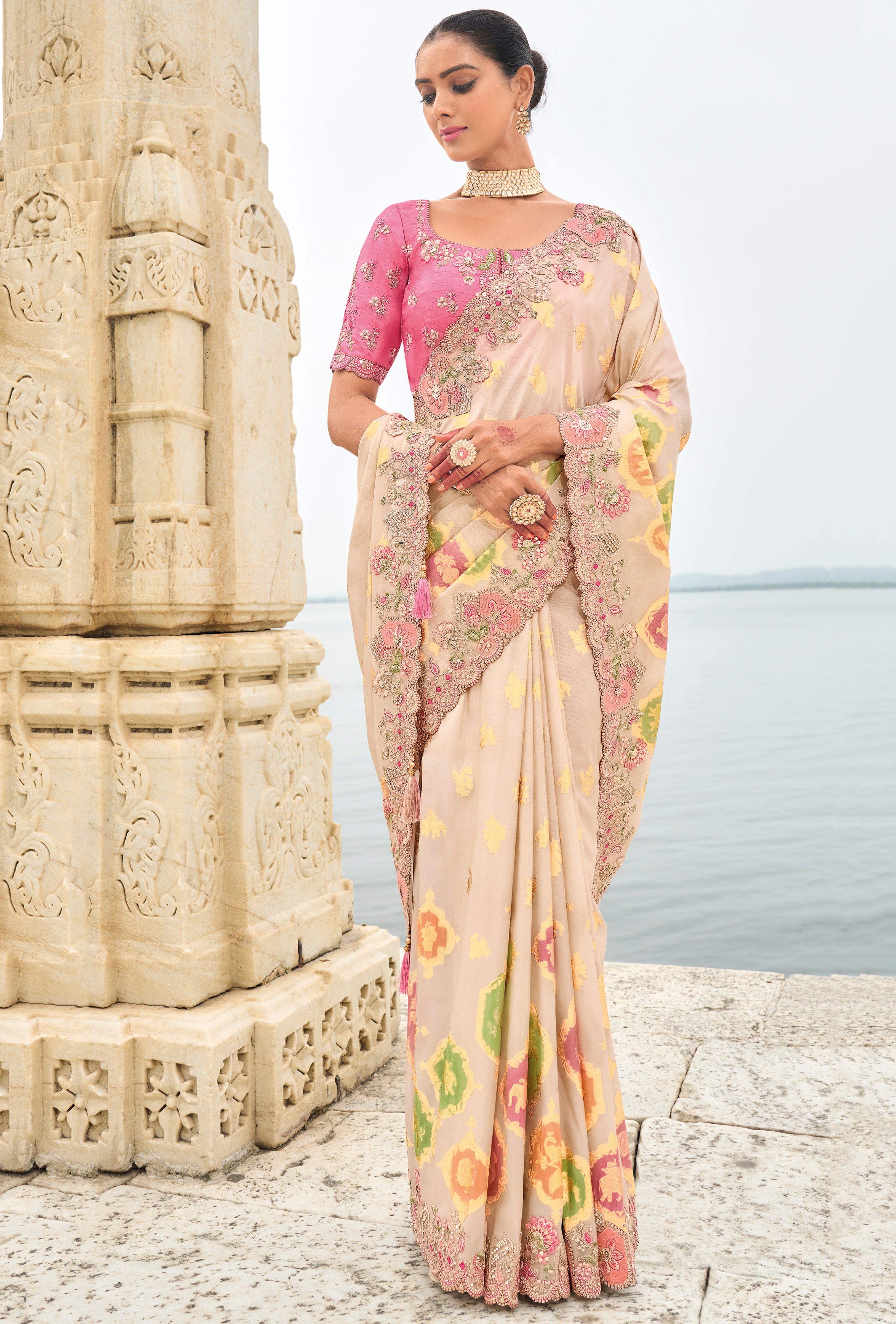 Cream Silk Saree With Embroidery Work